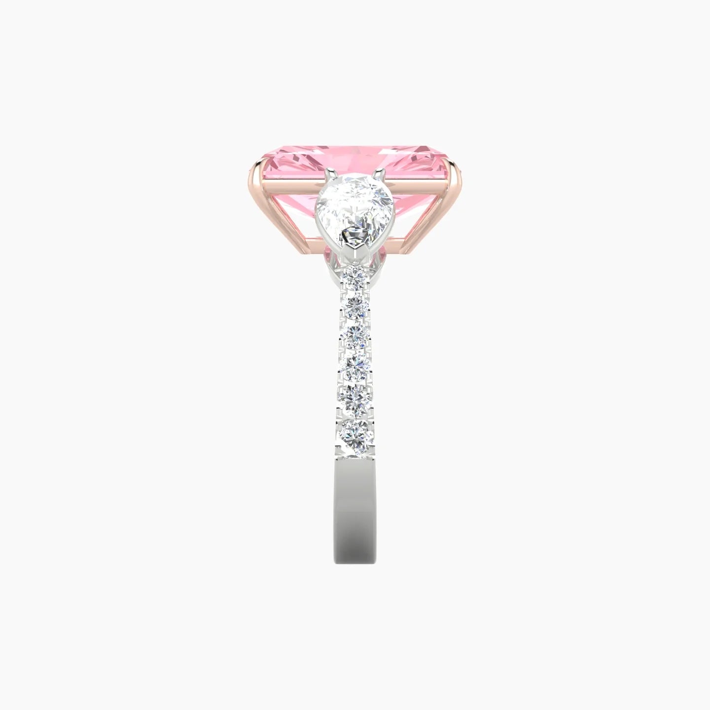 Simple Pear Trilogy with Reverse Shank | 18k White & Rose Gold 5 ct Radiant Cut Ring