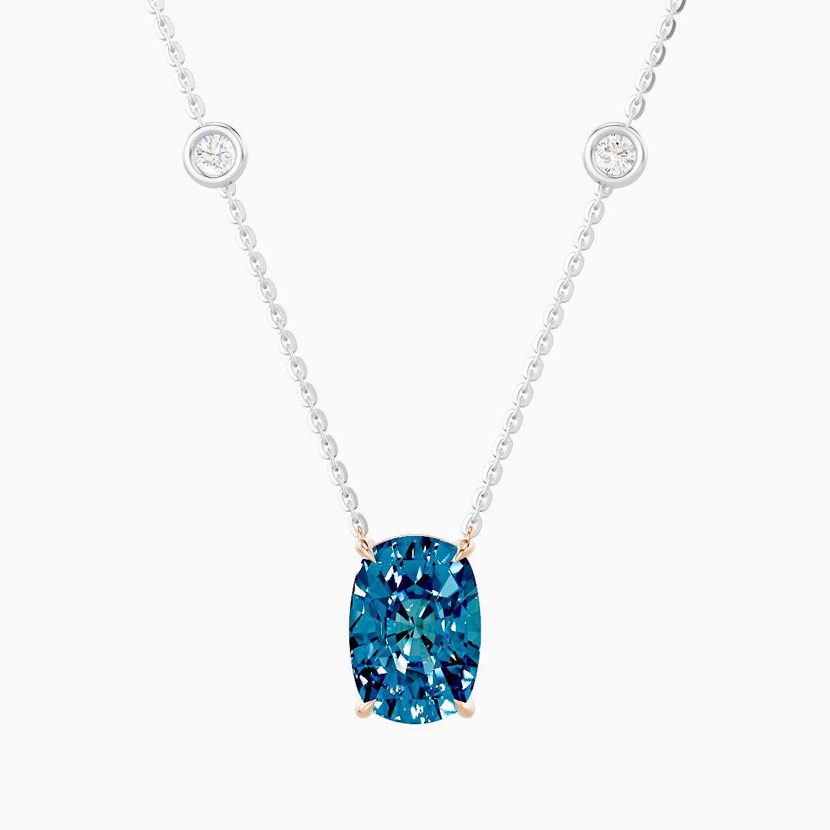 Solitaire with Sautoir | 18k White & Rose Gold 3 ct Blue Lab Diamond Cushion Pendant