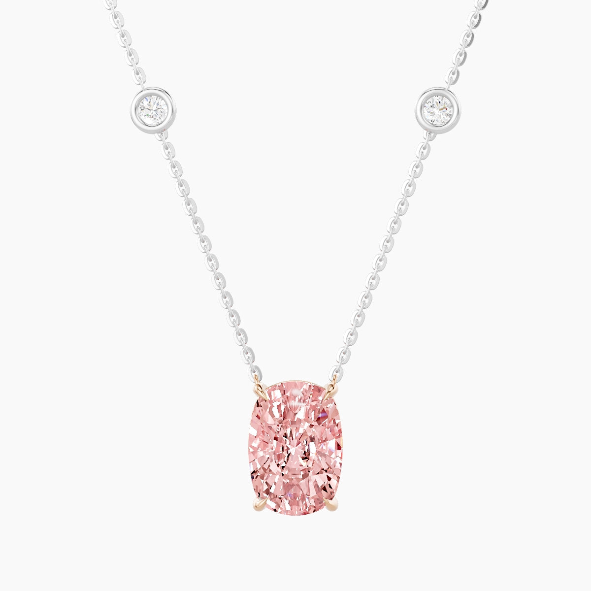 Solitaire with Sautoir | 18k White & Rose Gold 3 ct Pink Lab Diamond Cushion Pendant