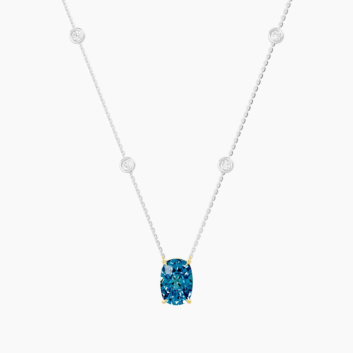 Solitaire with Sautoir | 18k White & Yellow Gold 3 ct Blue Lab Diamond Cushion Pendant