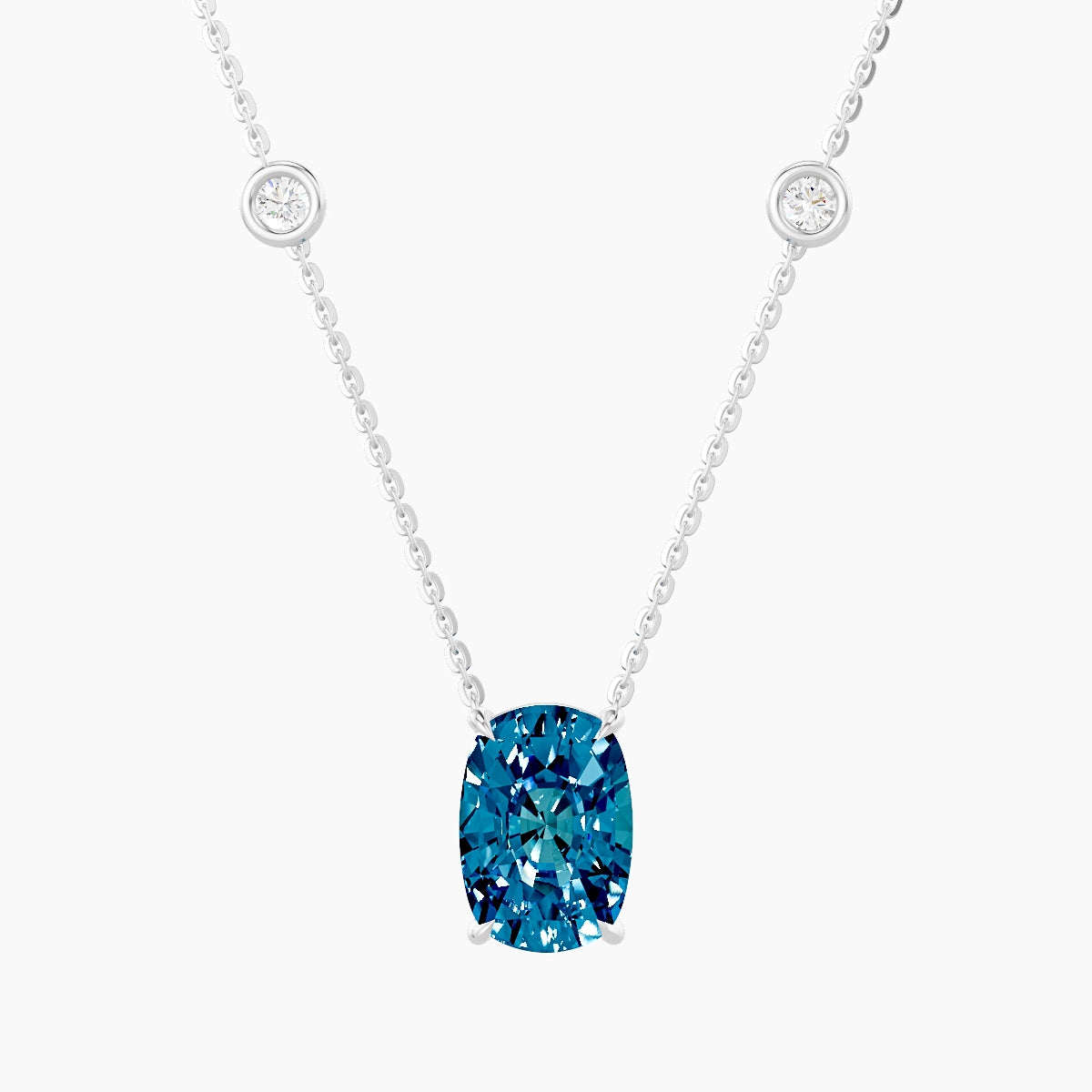 Solitaire with Sautoir | 18k White Gold 3 ct Blue Lab Diamond Cushion Pendant