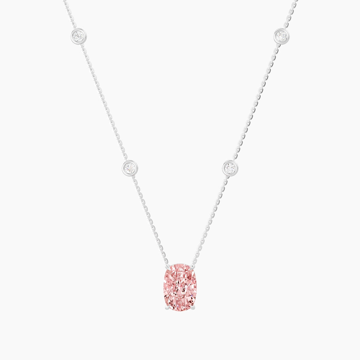 Solitaire with Sautoir | 18k White Gold 3 ct Pink Lab Diamond Cushion Pendant