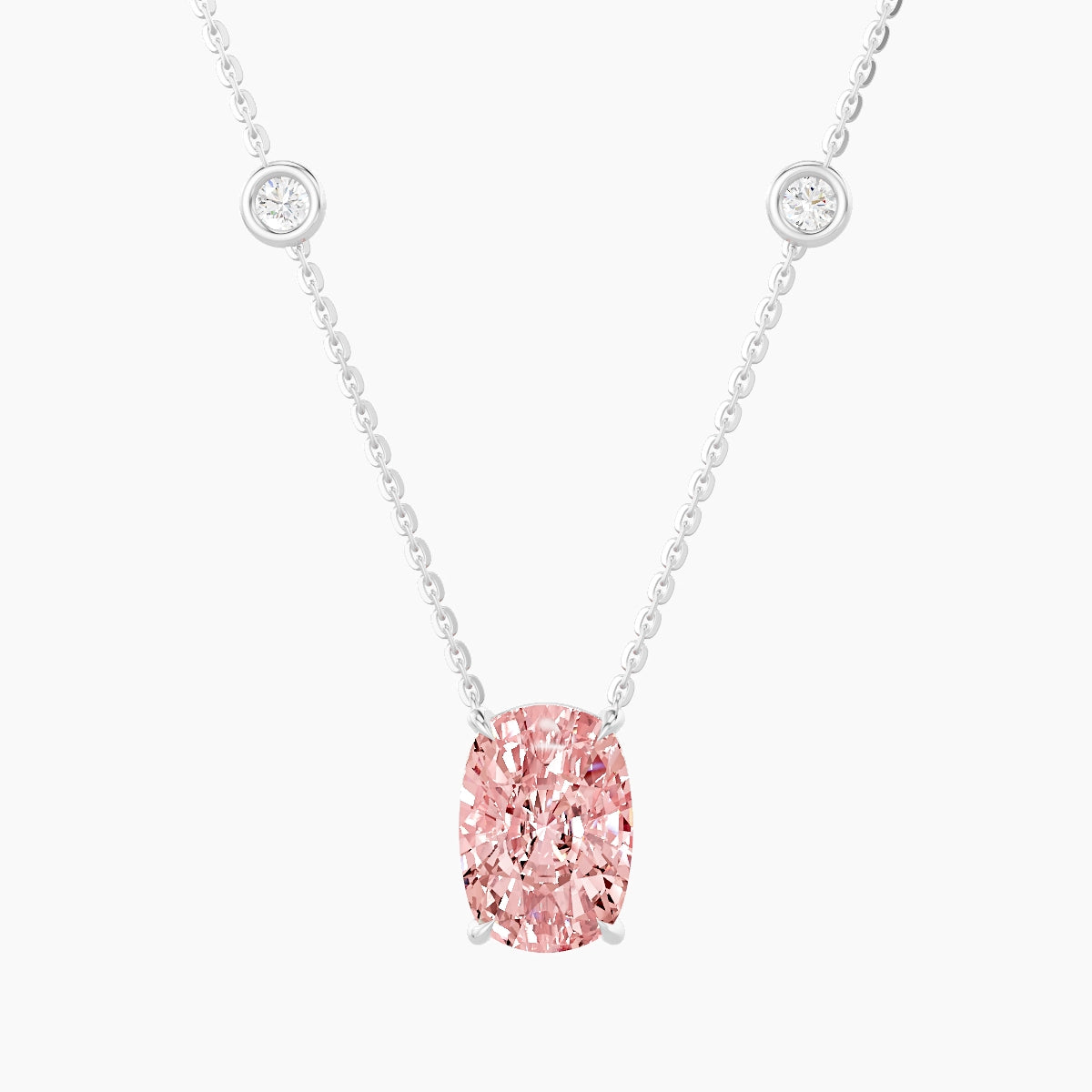 Solitaire with Sautoir | 18k White Gold 3 ct Pink Lab Diamond Cushion Pendant
