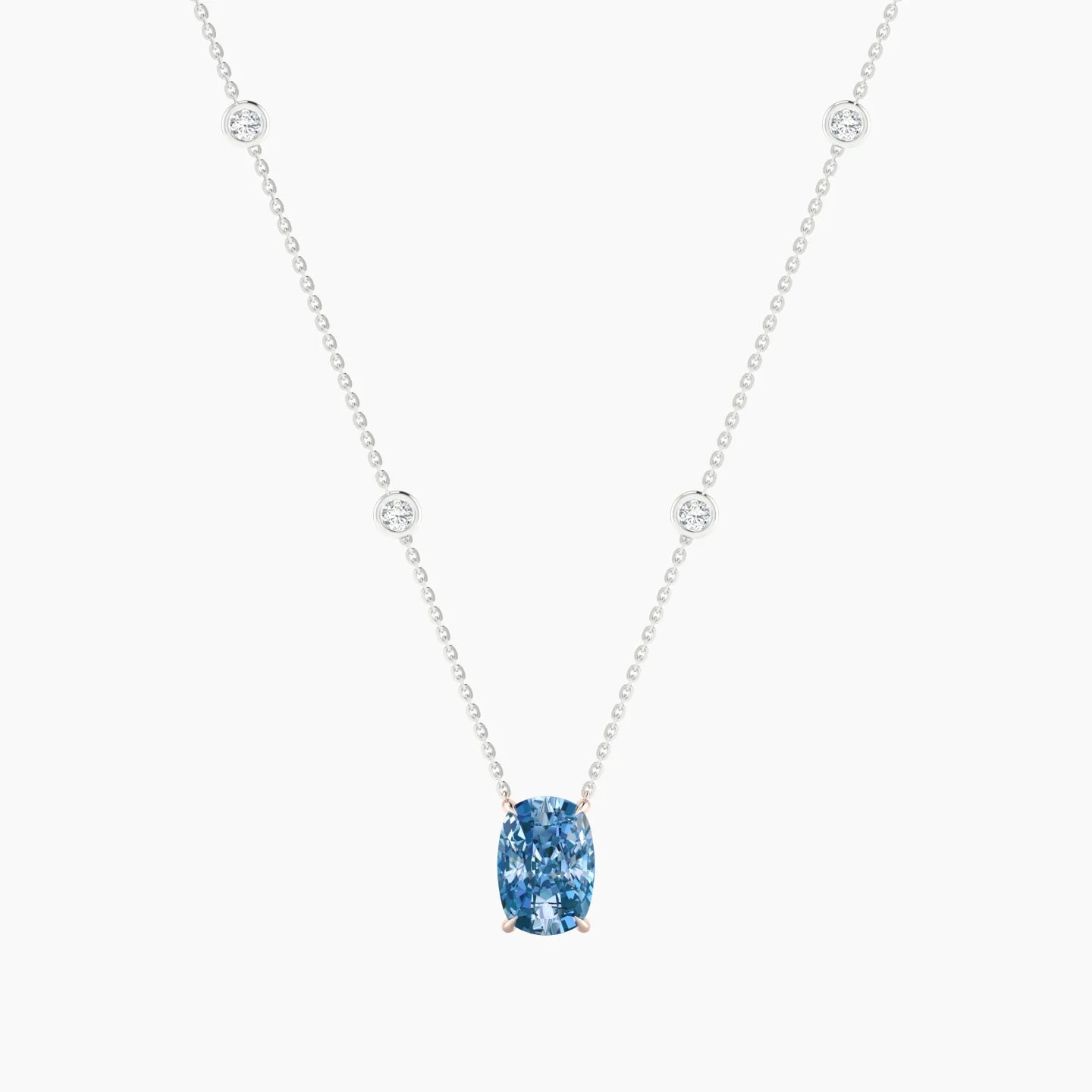 Solitaire with Sautoir | 18k White & Rose Gold 3 ct Blue Lab Diamond Cushion Cut Pendant
