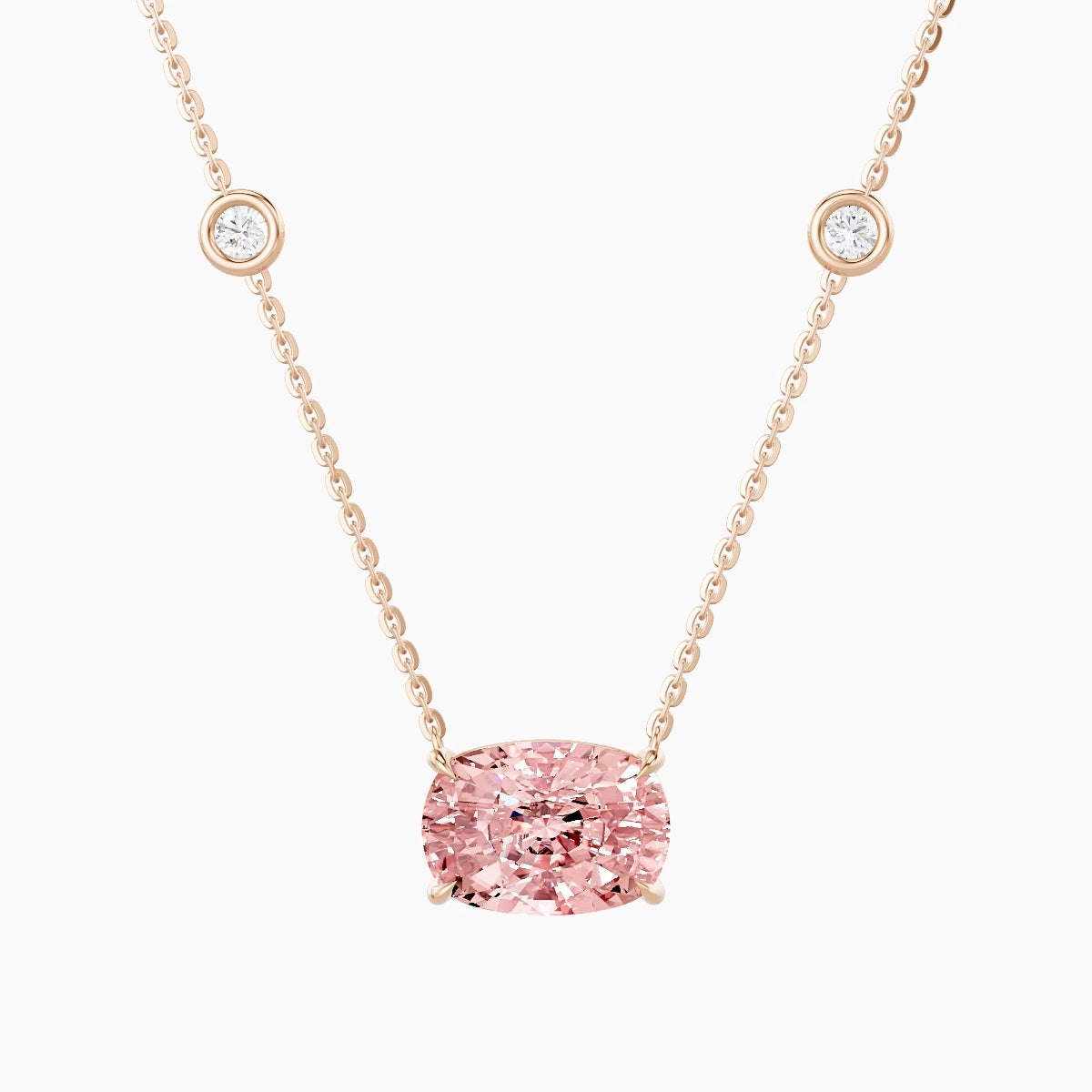 Solitaire with Sautoir | 18k Rose Gold 3 ct Pink Lab Diamond Cushion Pendant