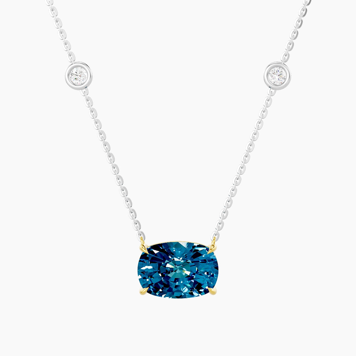 Solitaire with Sautoir | 18k White & Yellow Gold 3 ct Blue Lab Diamond Cushion Pendant