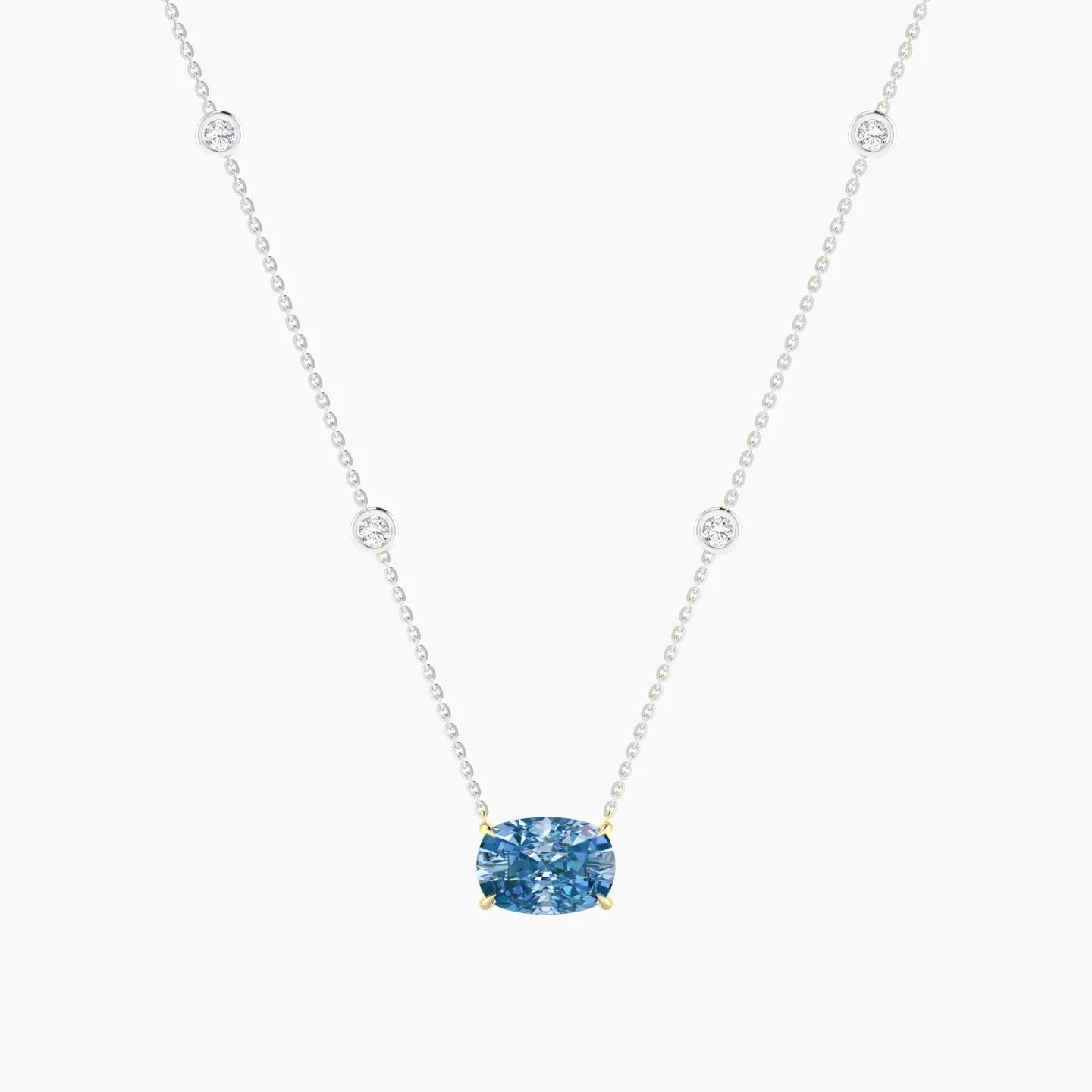 Solitaire with Sautoir | 18k White & Yellow Gold 3 ct Blue Lab Diamond Cushion Cut Pendant