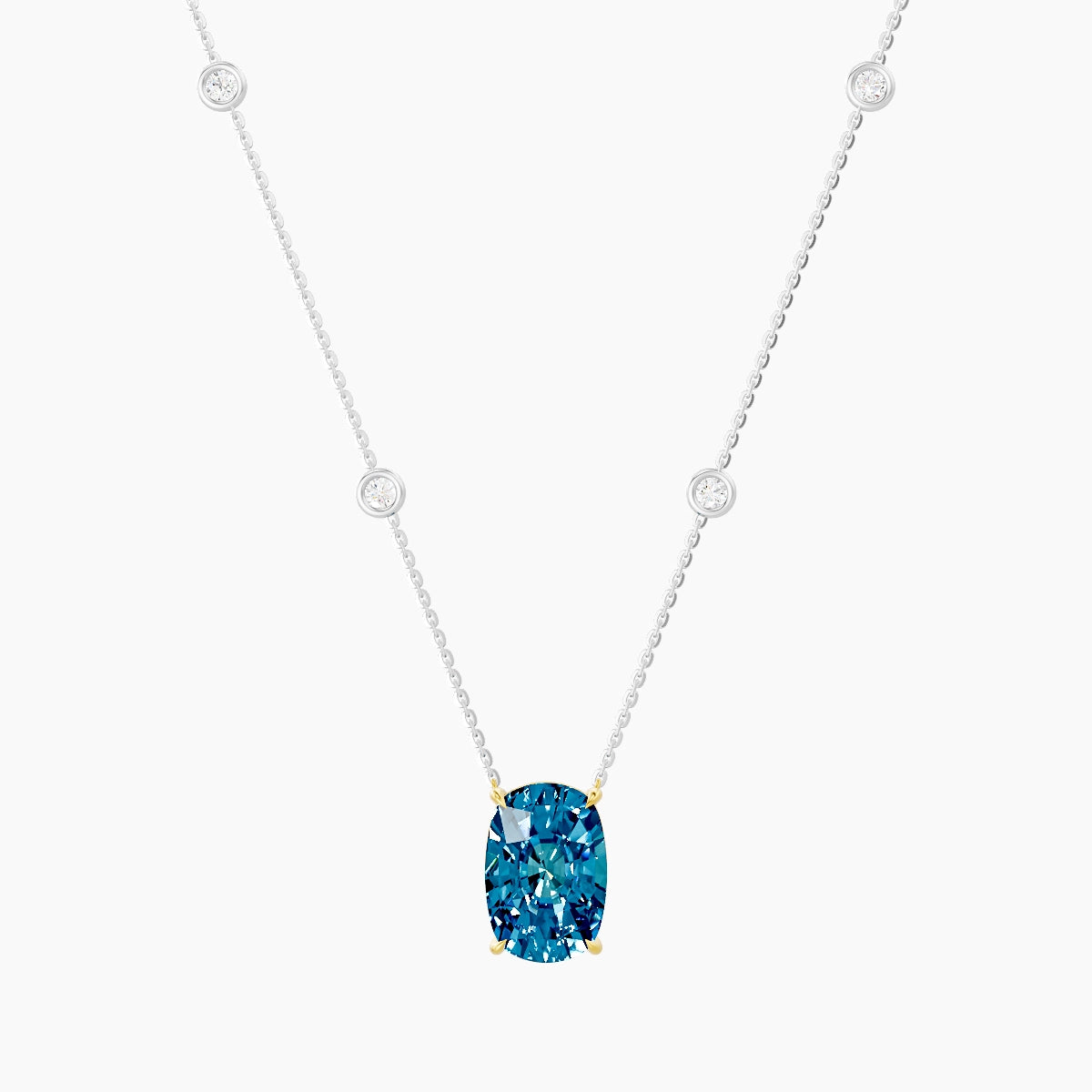 Solitaire with Sautoir | 18k White & Yellow Gold 5 ct Blue Lab Diamond Cushion Pendant