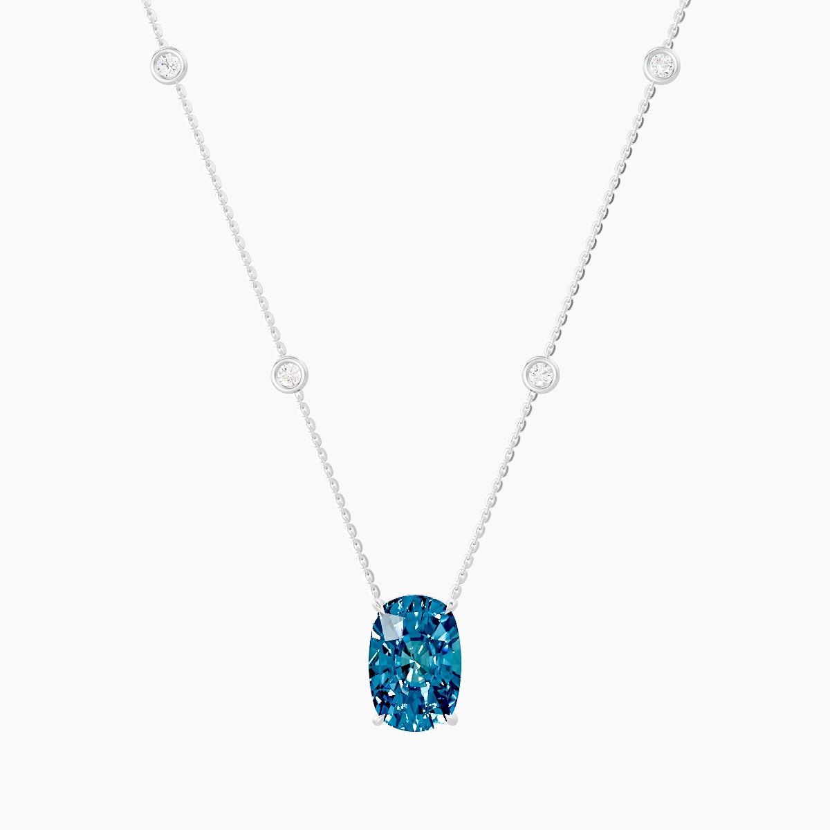 Solitaire with Sautoir | 18k White Gold 5 ct Blue Lab Diamond Cushion Pendant