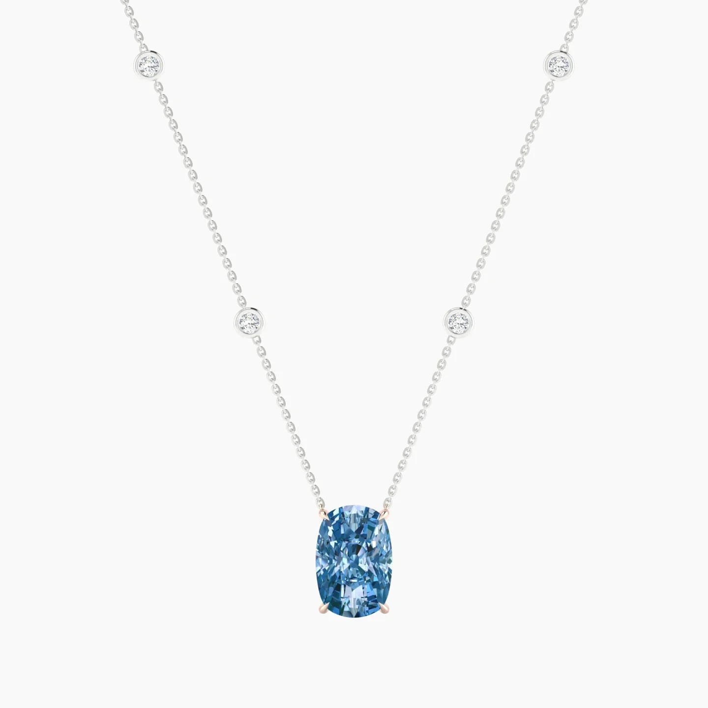Solitaire with Sautoir | 18k White & Rose Gold 5 ct Blue Lab Diamond Cushion Cut Pendant