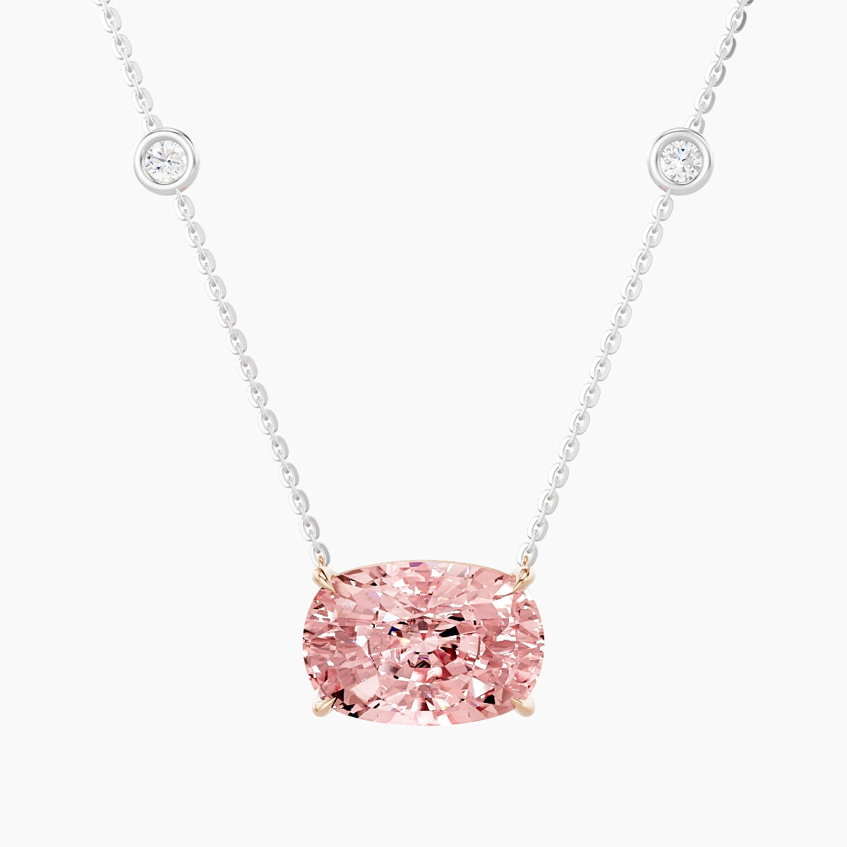 Solitaire with Sautoir | 18k White & Rose Gold 5 ct Pink Lab Diamond Cushion Pendant