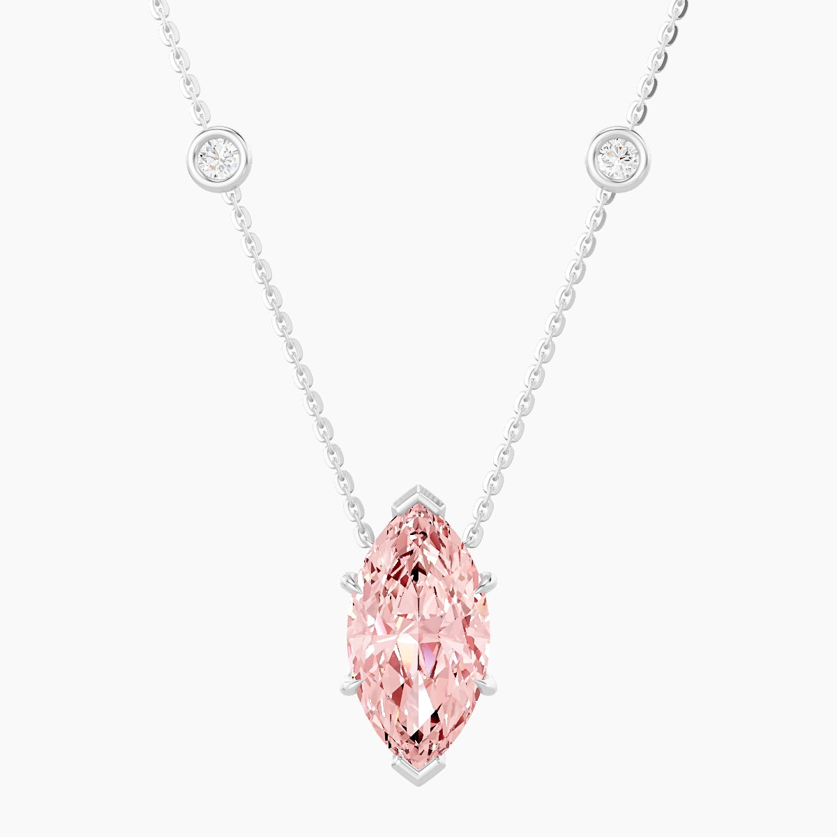 Solitaire with Sautoir | 18k White Gold 3 ct Pink Lab Diamond Marquise Pendant