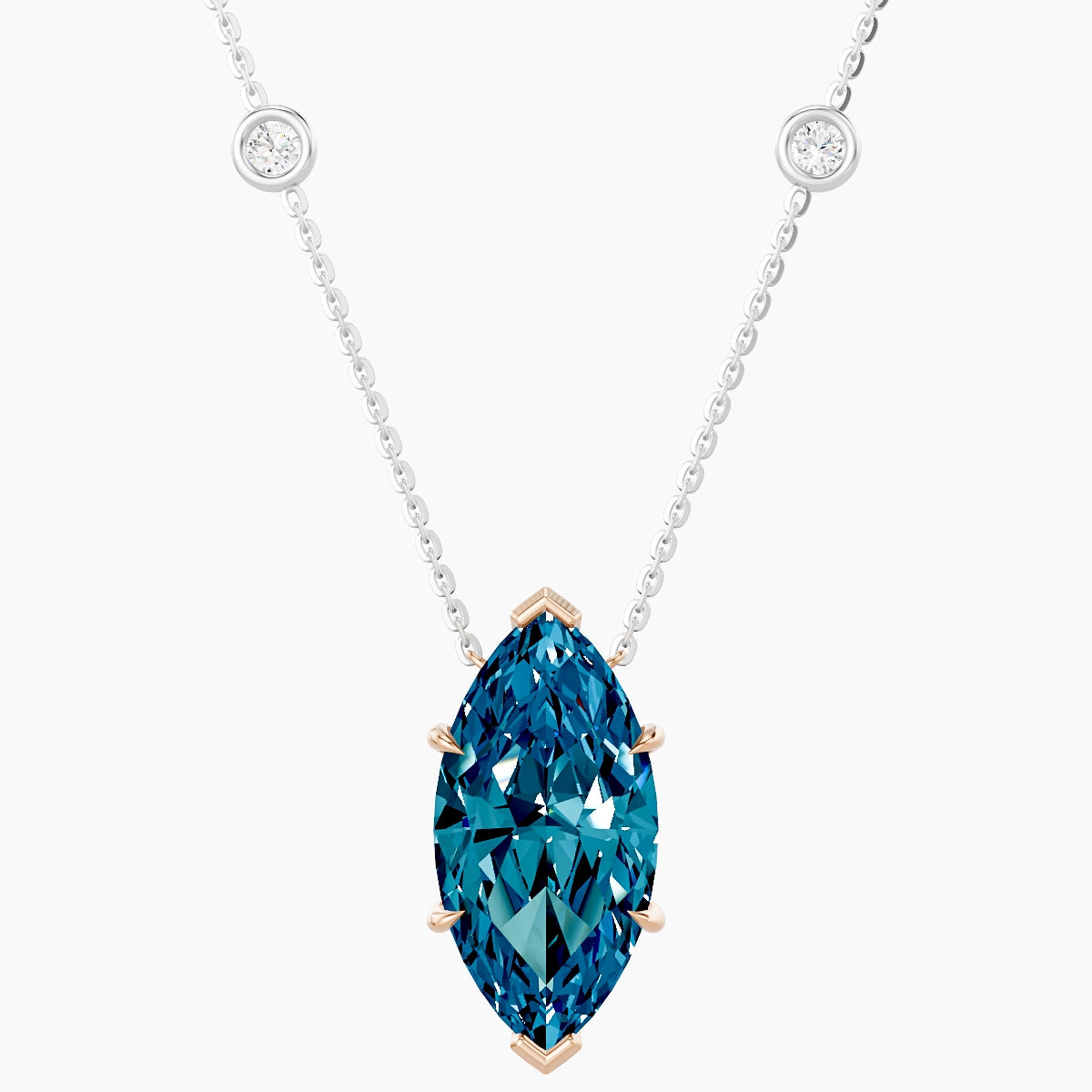 Solitaire with Sautoir | 18k White & Rose Gold 5 ct Blue Lab Diamond Marquise Pendant