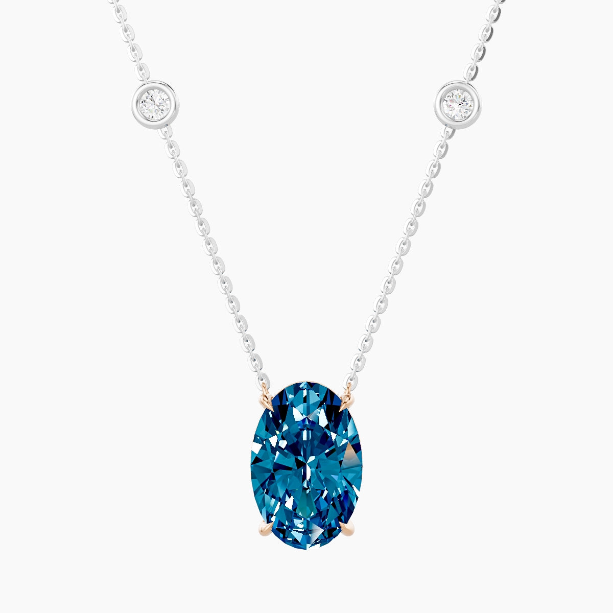 Solitaire with Sautoir | 18k White & Rose Gold 3 ct Blue Lab Diamond Oval Pendant