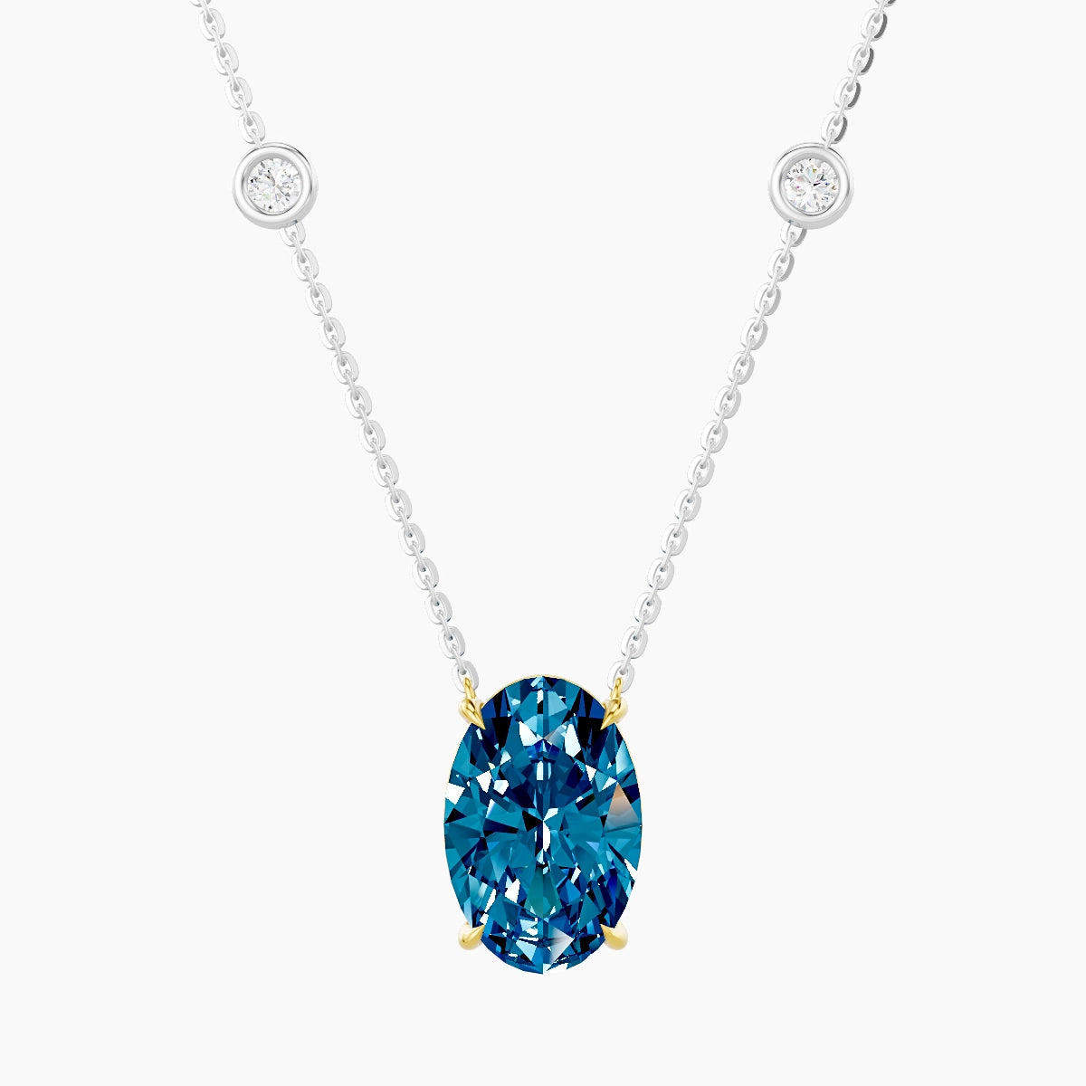 Solitaire with Sautoir | 18k White & Yellow Gold 3 ct Blue Lab Diamond Oval Pendant
