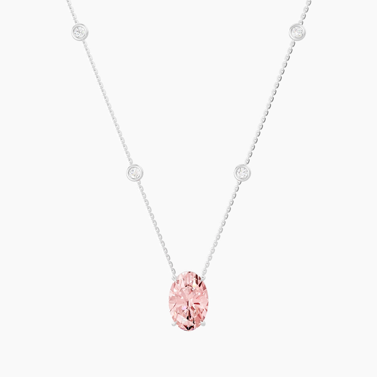 Solitaire with Sautoir | 18k White Gold 3 ct Pink Lab Diamond Oval Pendant