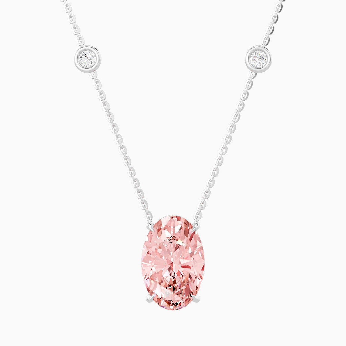 Solitaire with Sautoir | 18k White Gold 3 ct Pink Lab Diamond Oval Pendant