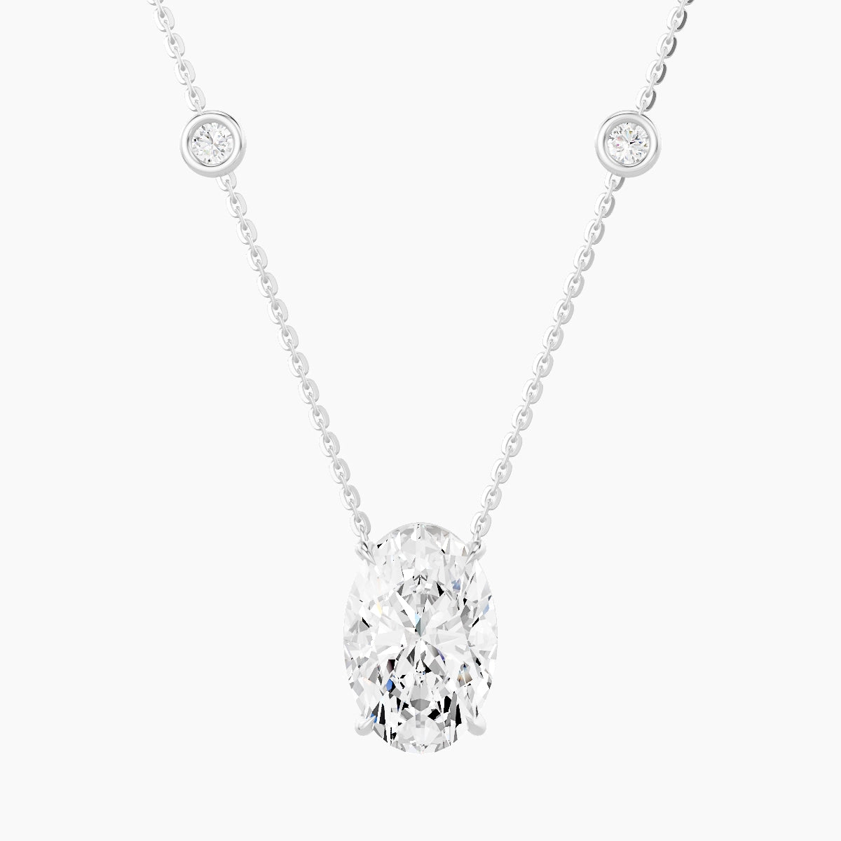Solitaire with Sautoir | 18k White Gold 3 ct White Lab Diamond Oval Pendant