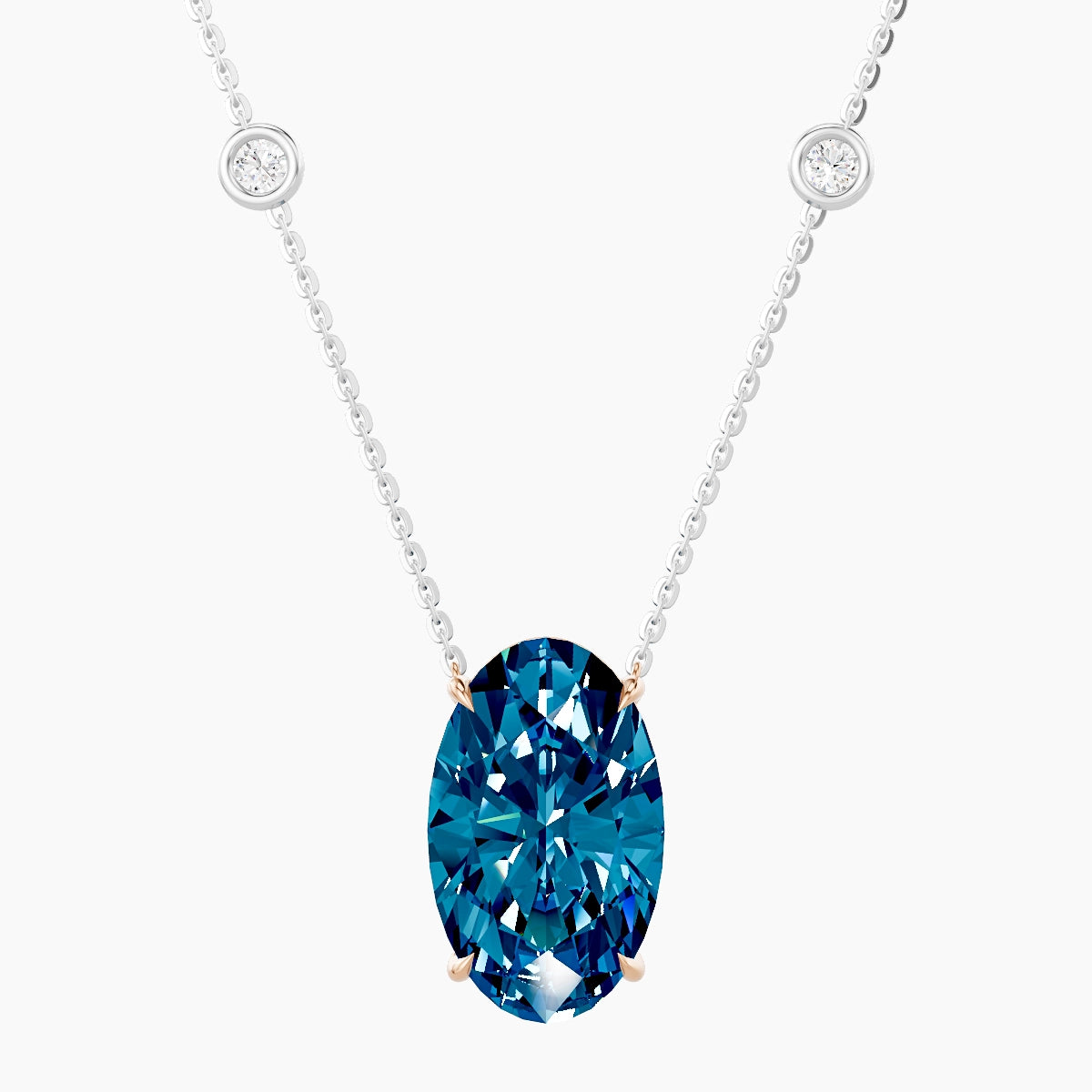 Solitaire with Sautoir | 18k White & Rose Gold 5 ct Blue Lab Diamond Oval Pendant