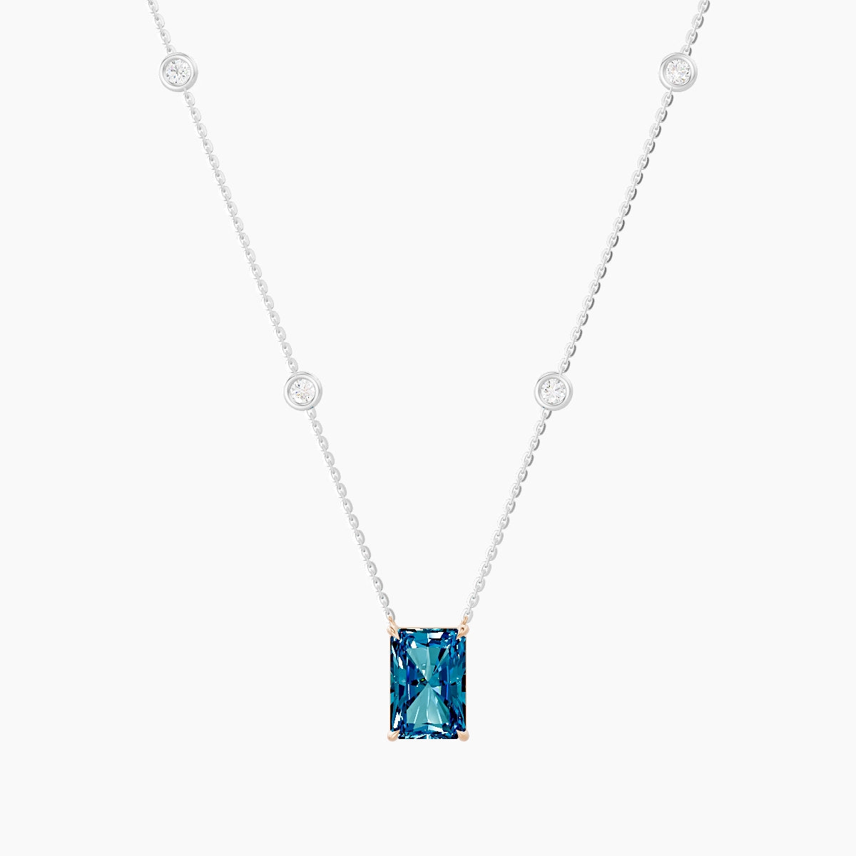 Solitaire with Sautoir | 18k White & Rose Gold 3 ct Blue Lab Diamond Radiant Pendant