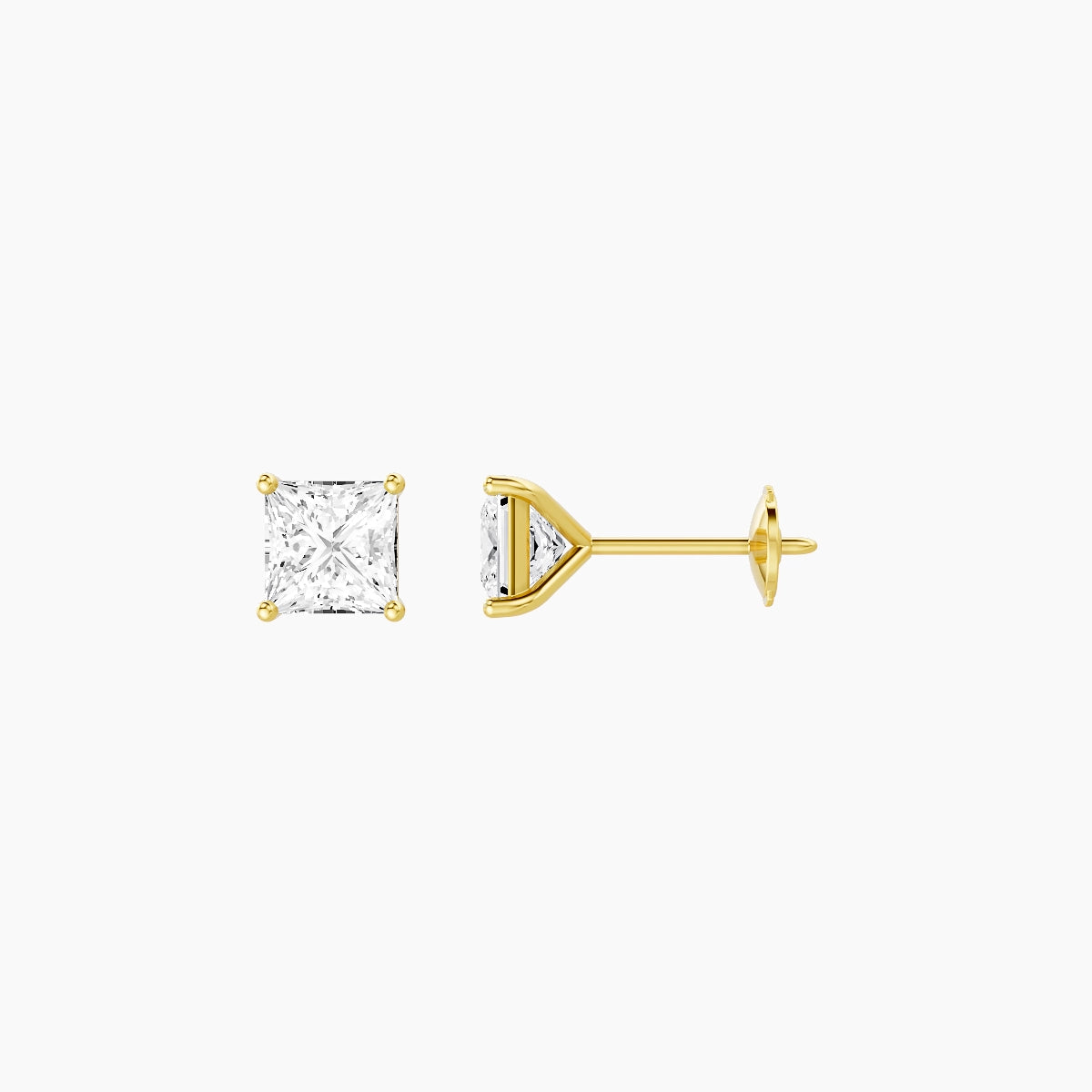 18k Yellow Gold 1ct Princess White Lab Diamond Stud Earrings