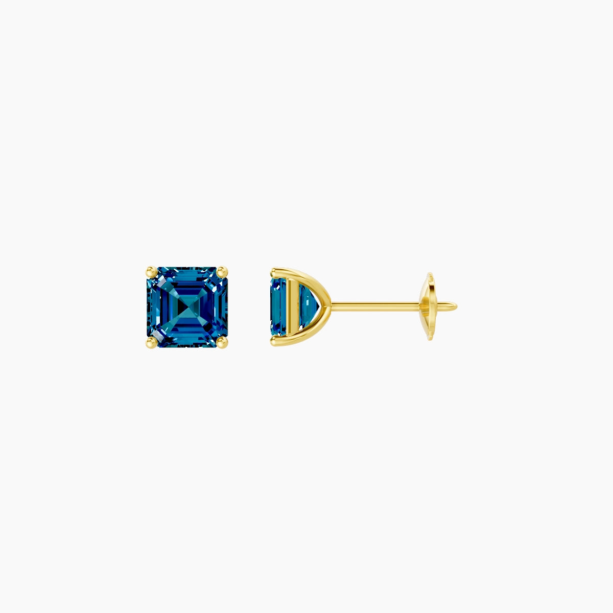 18k Yellow Gold 1ct Asscher Blue Lab Diamond Stud Earrings