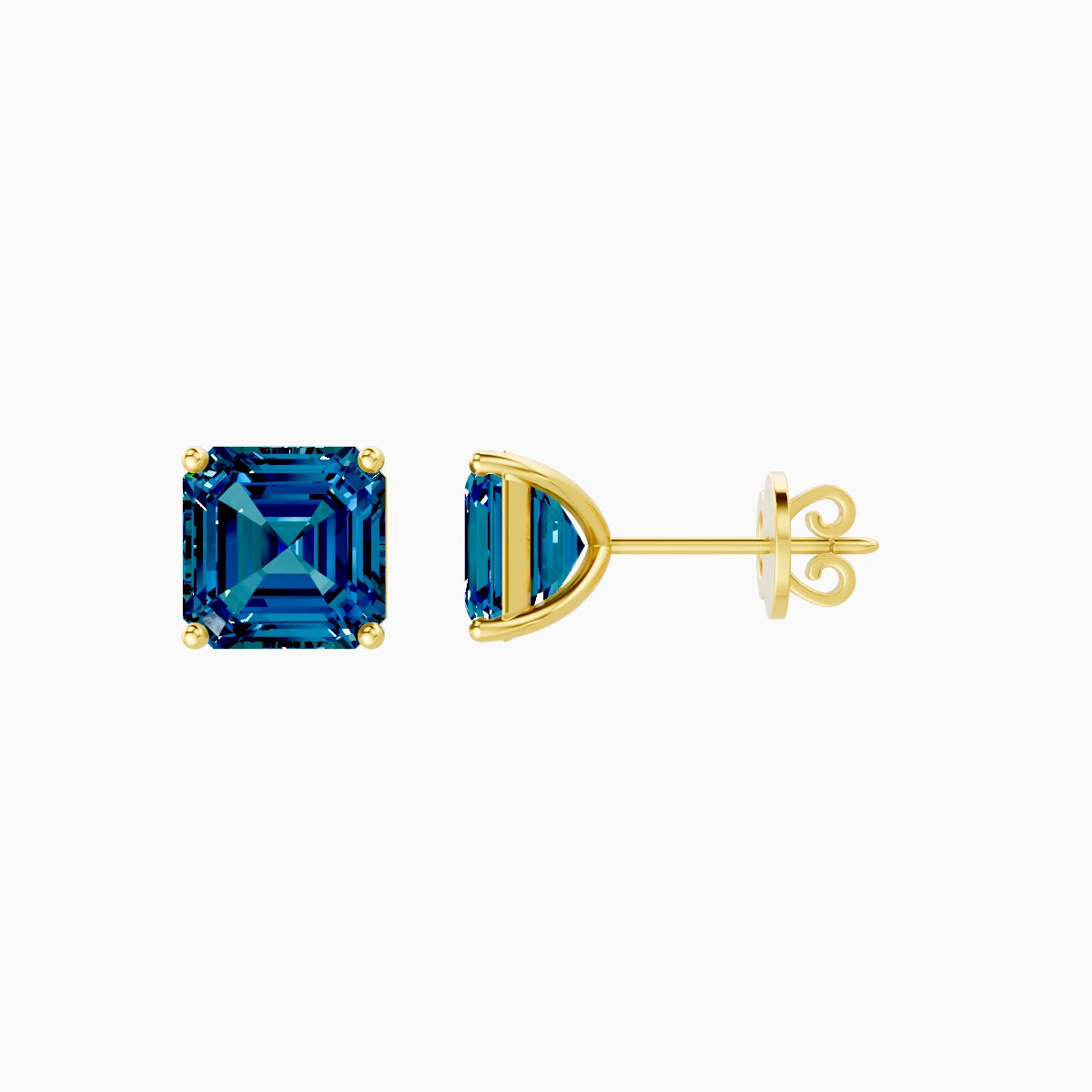18k Yellow Gold 3ct Asscher Blue Lab Diamond Stud Earrings