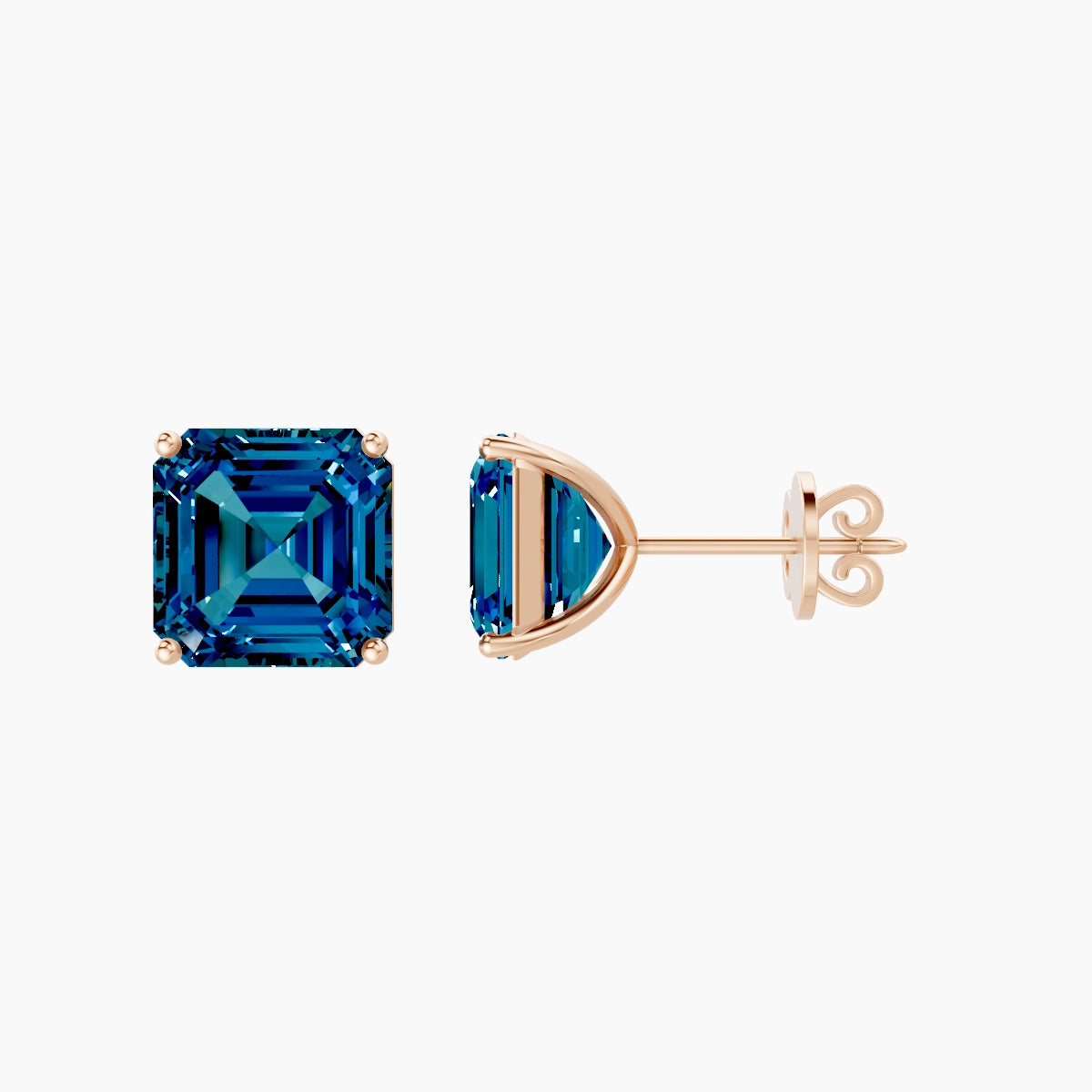 18k Rose Gold 5ct Asscher Blue Lab Diamond Stud Earrings