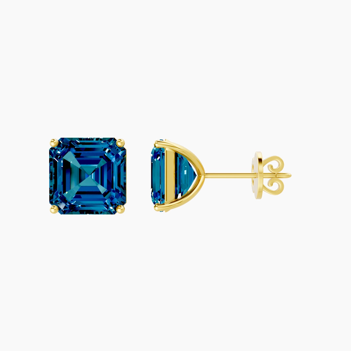 18k Yellow Gold 5ct Asscher Blue Lab Diamond Stud Earrings