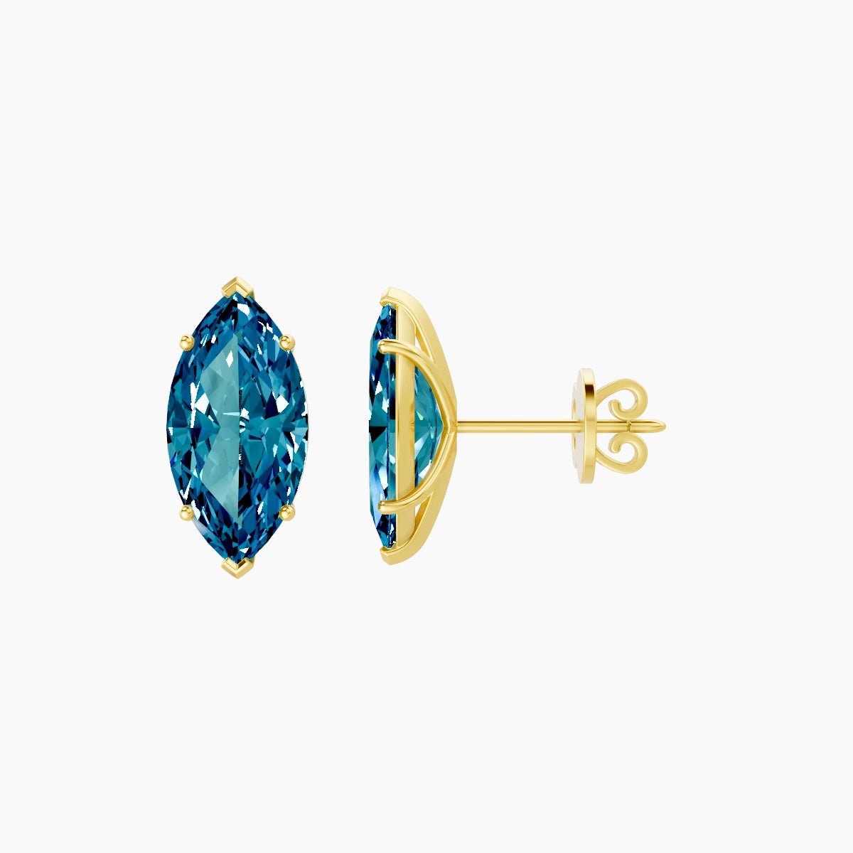 18k Yellow Gold 3ct Marquise Blue Lab Diamond Stud Earrings