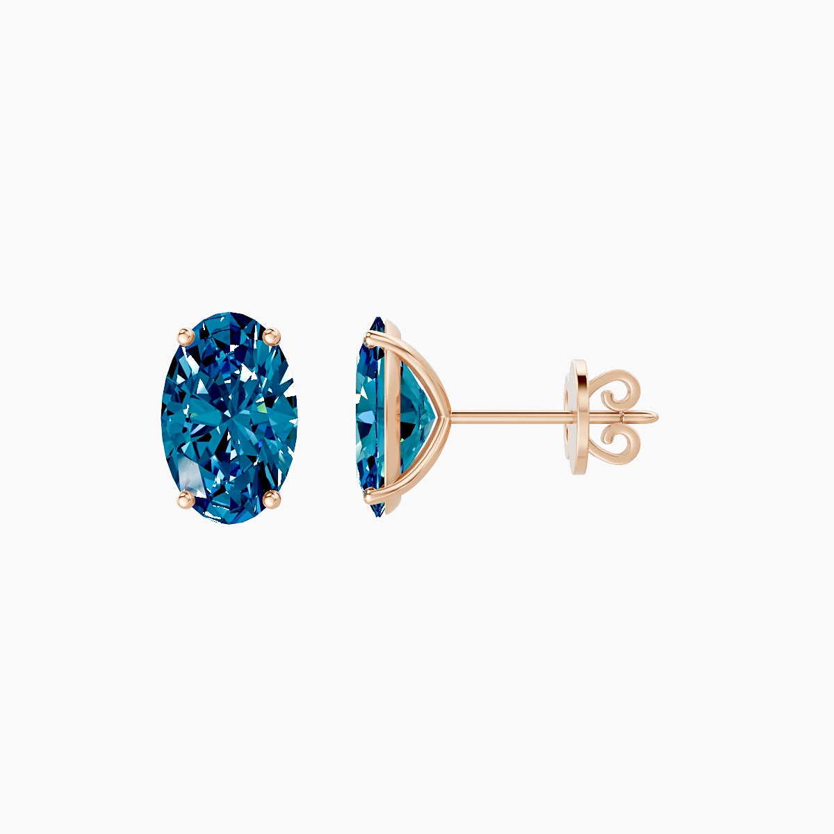 18k Rose Gold 3ct Oval Blue Lab Diamond Stud Earrings