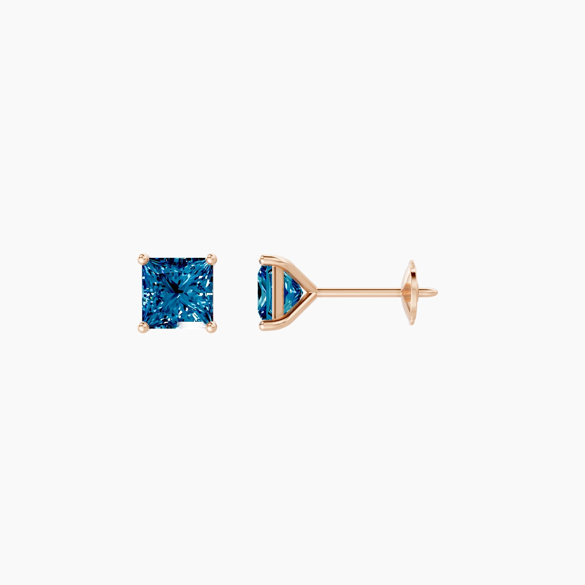 18k Rose Gold 1ct Princess Blue Lab Diamond Stud Earrings