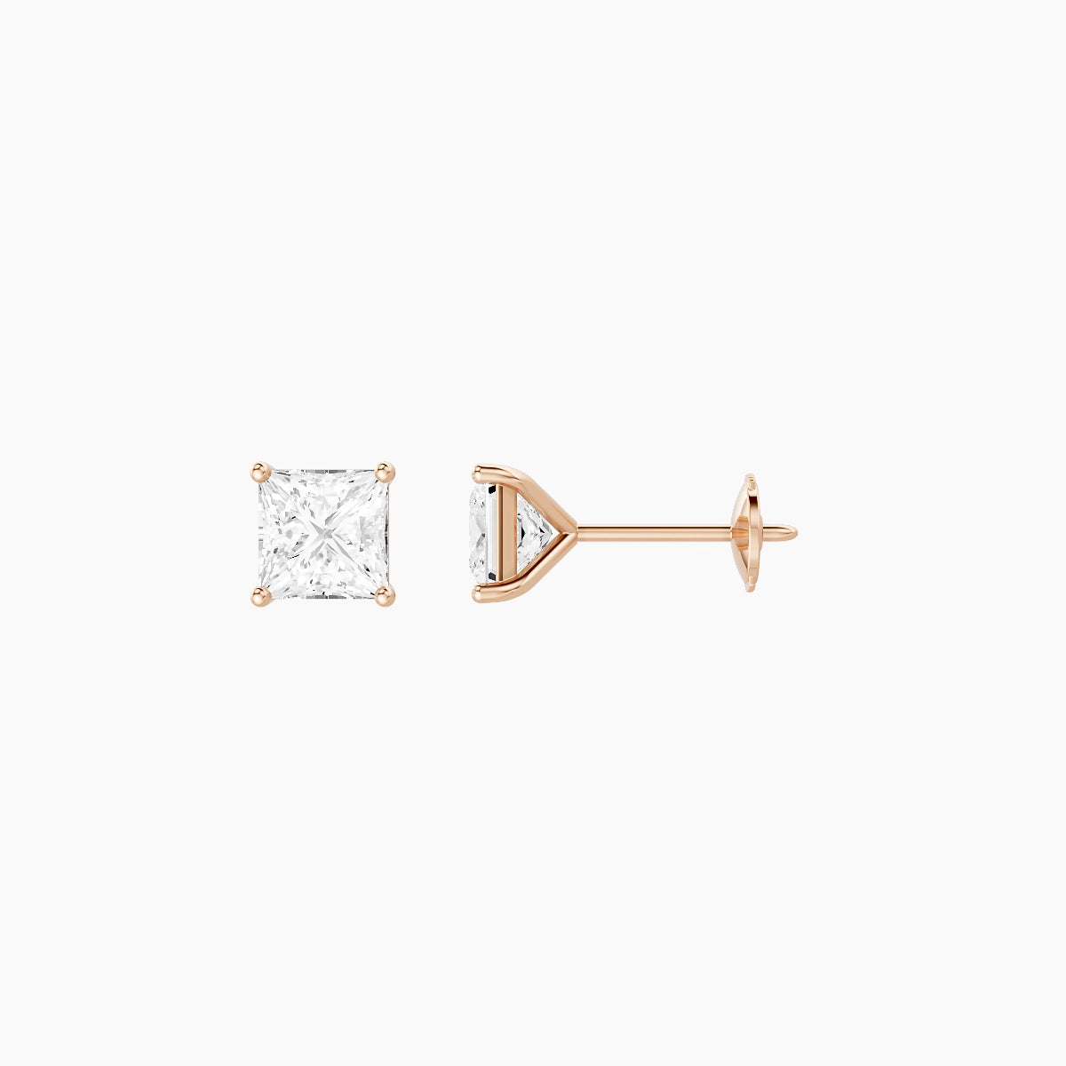 18k Rose Gold 1ct Princess White Lab Diamond Stud Earrings