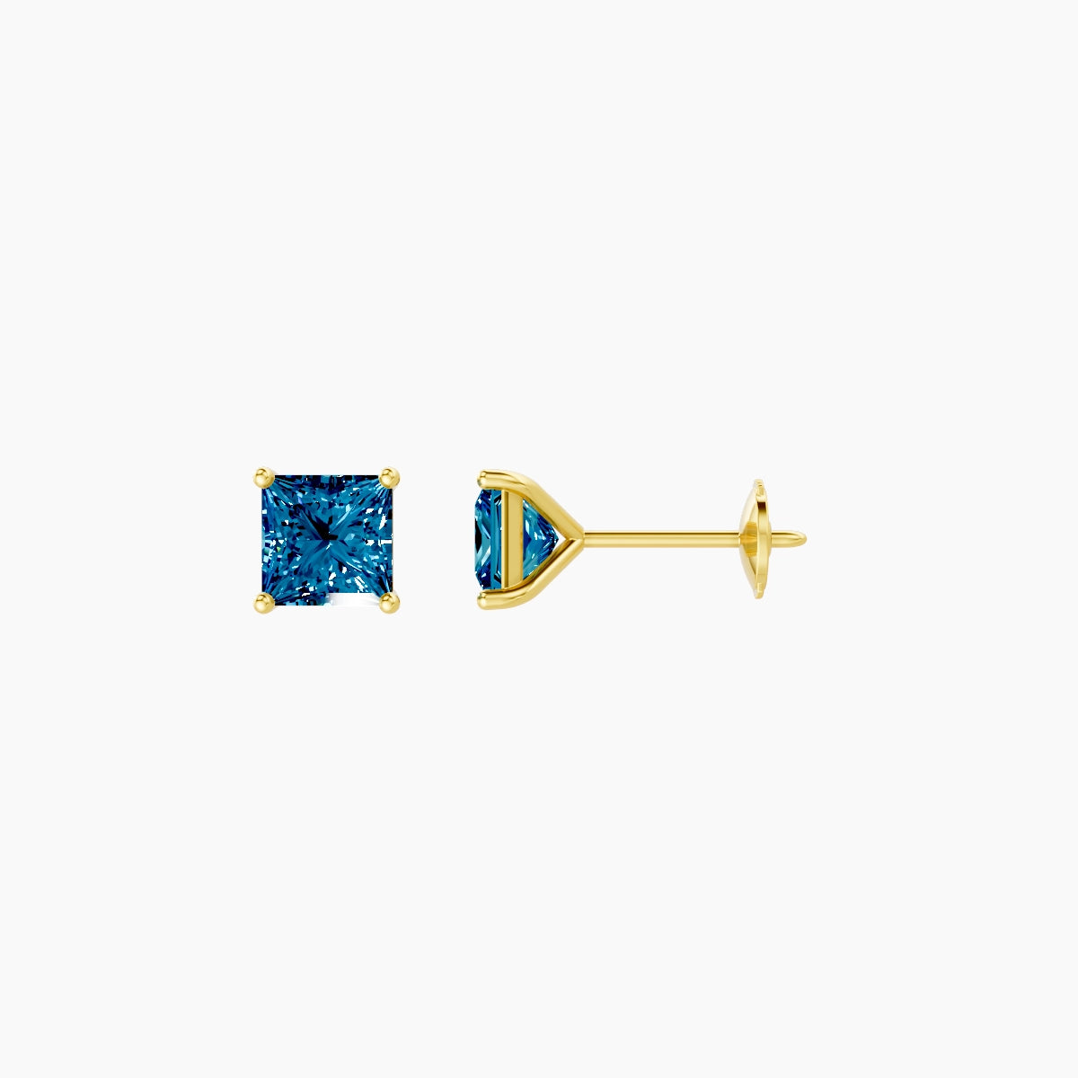 18k Yellow Gold 1ct Princess Blue Lab Diamond Stud Earrings