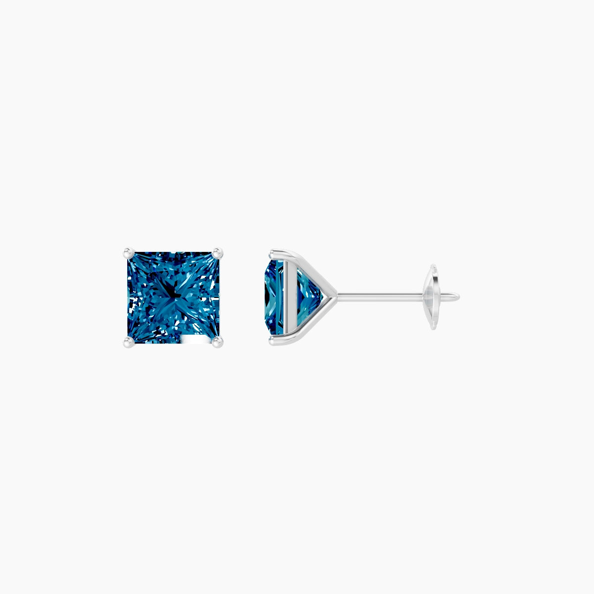 18k White Gold 2ct Princess Blue Lab Diamond Stud Earrings