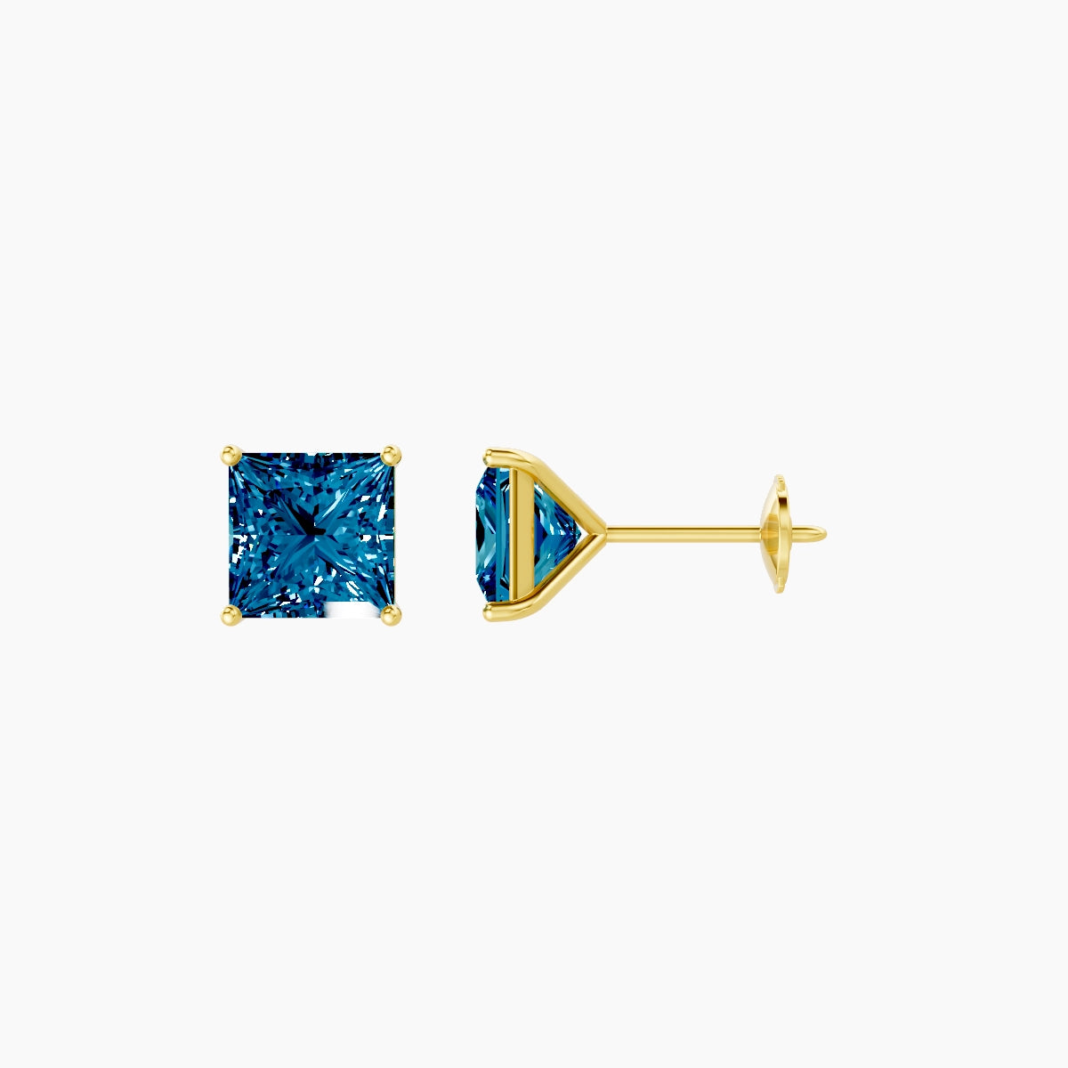 18k Yellow Gold 2ct Princess Blue Lab Diamond Stud Earrings