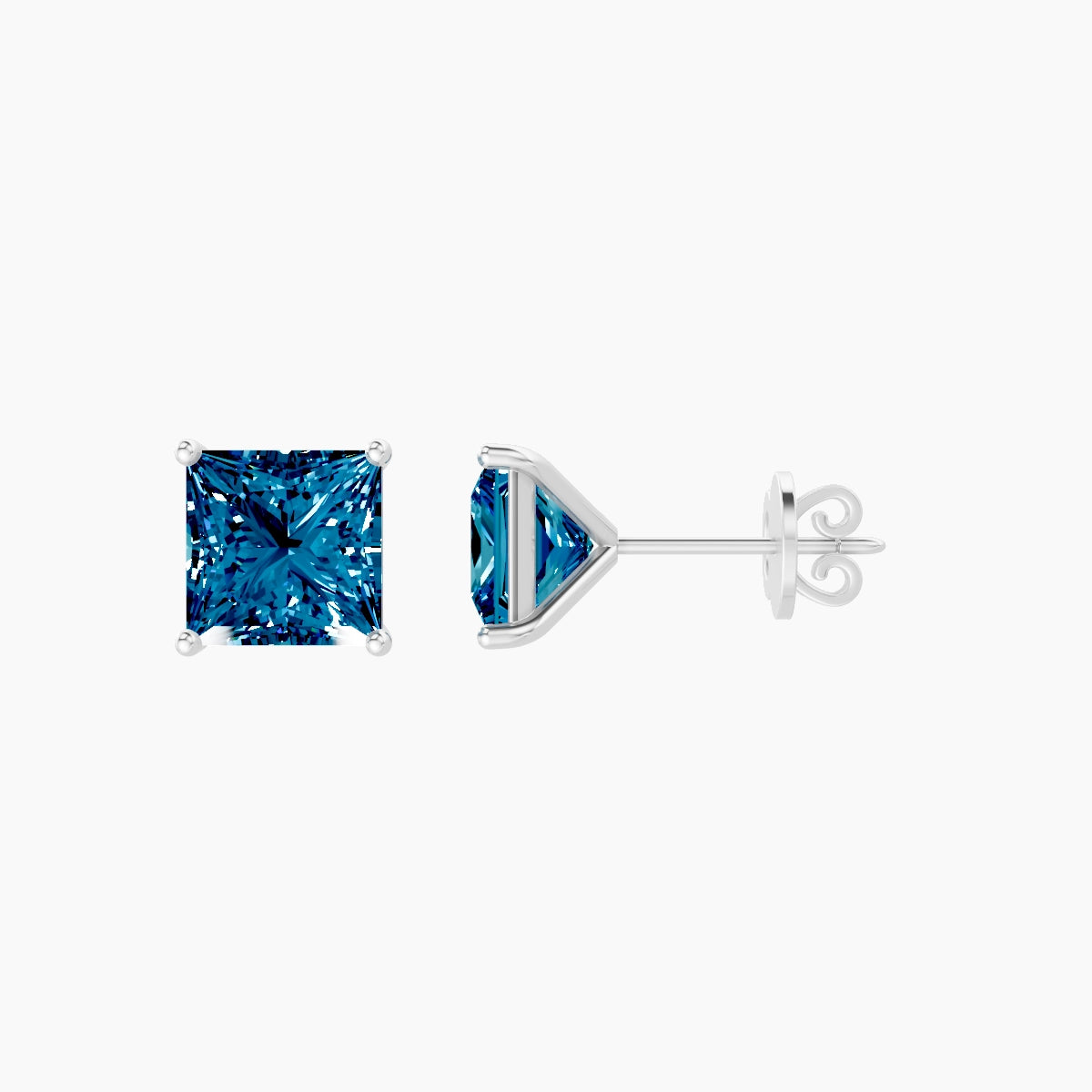 18k White Gold 3ct Princess Blue Lab Diamond Stud Earrings