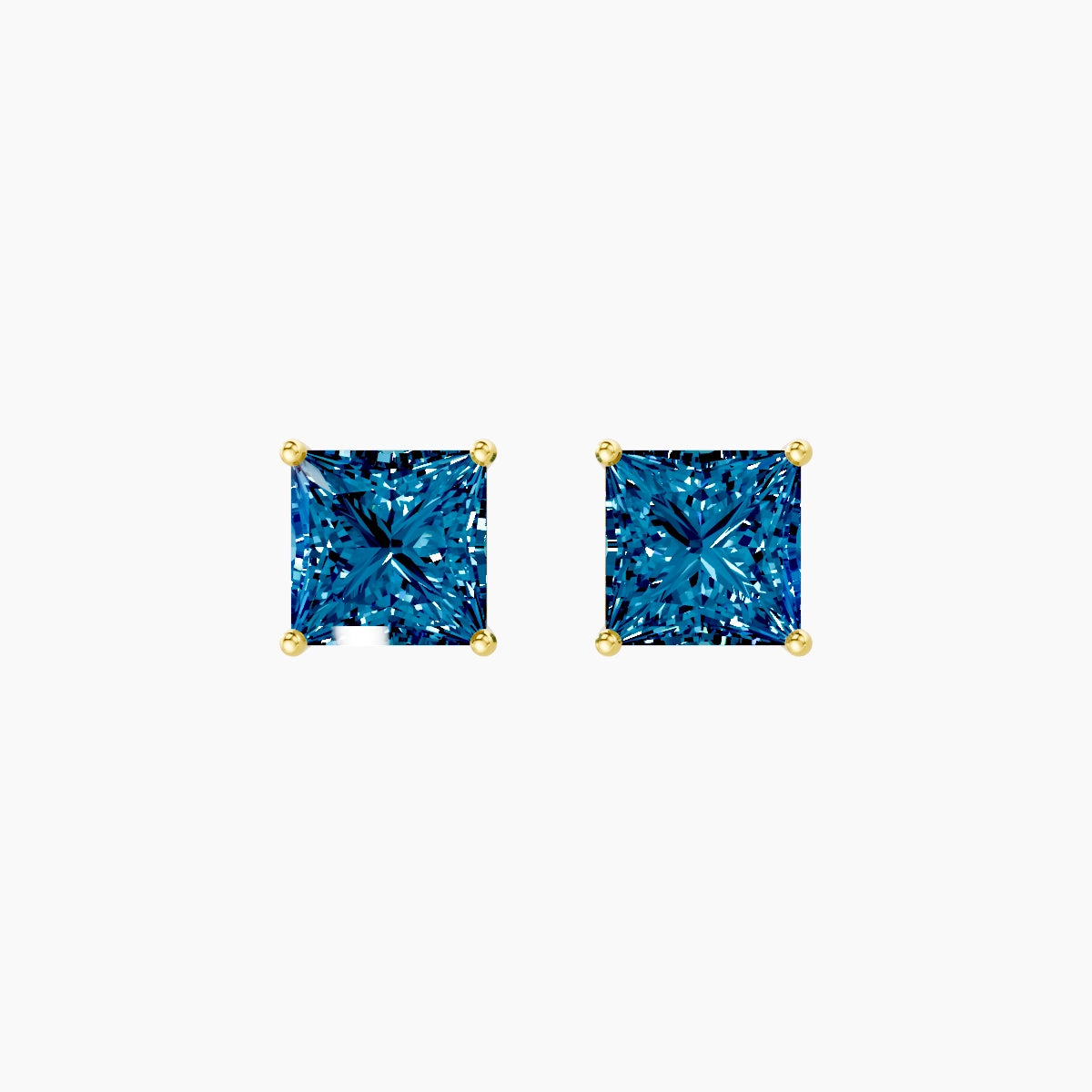 18k Yellow Gold 3ct Princess Blue Lab Diamond Stud Earrings