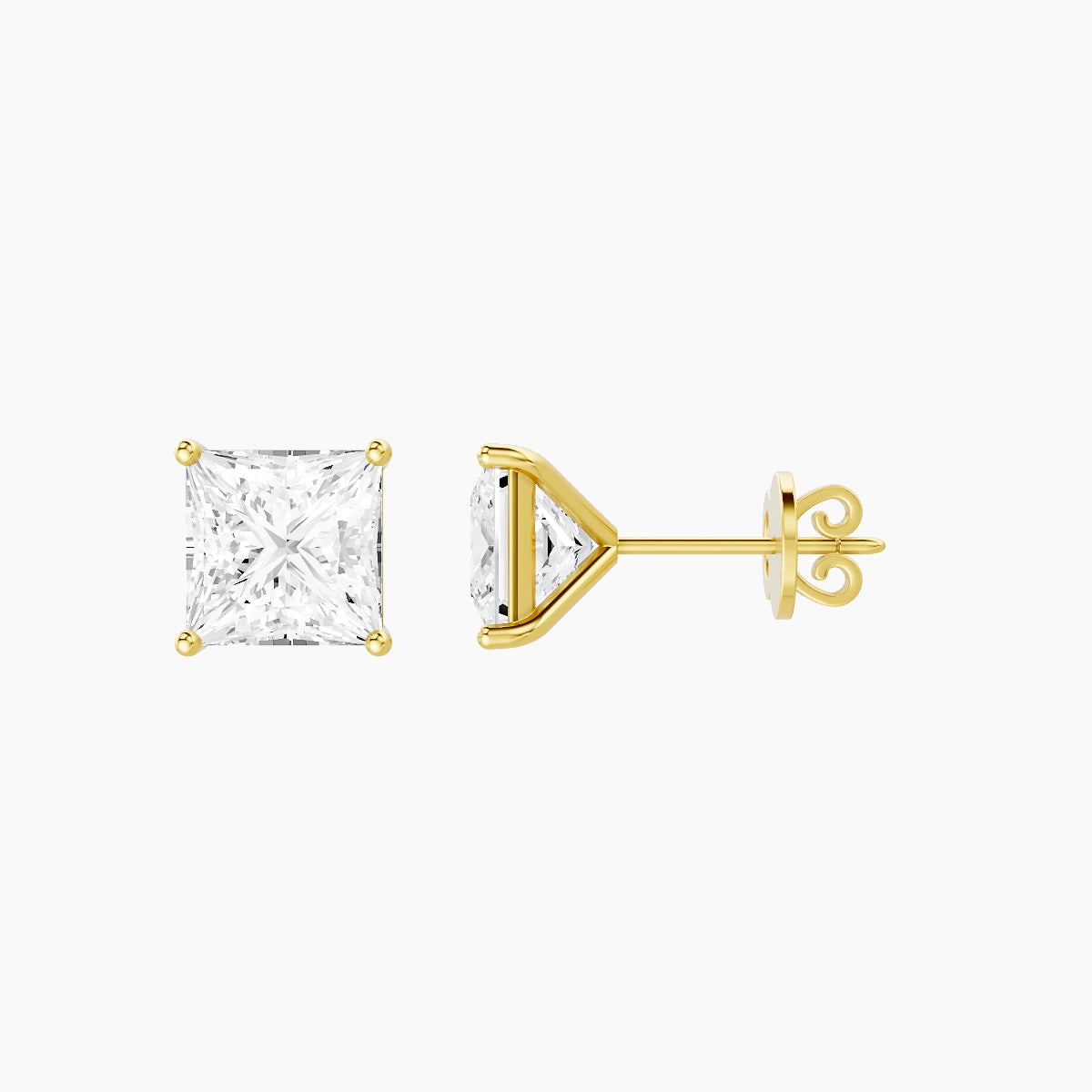 18k Yellow Gold 3ct Princess White Lab Diamond Stud Earrings