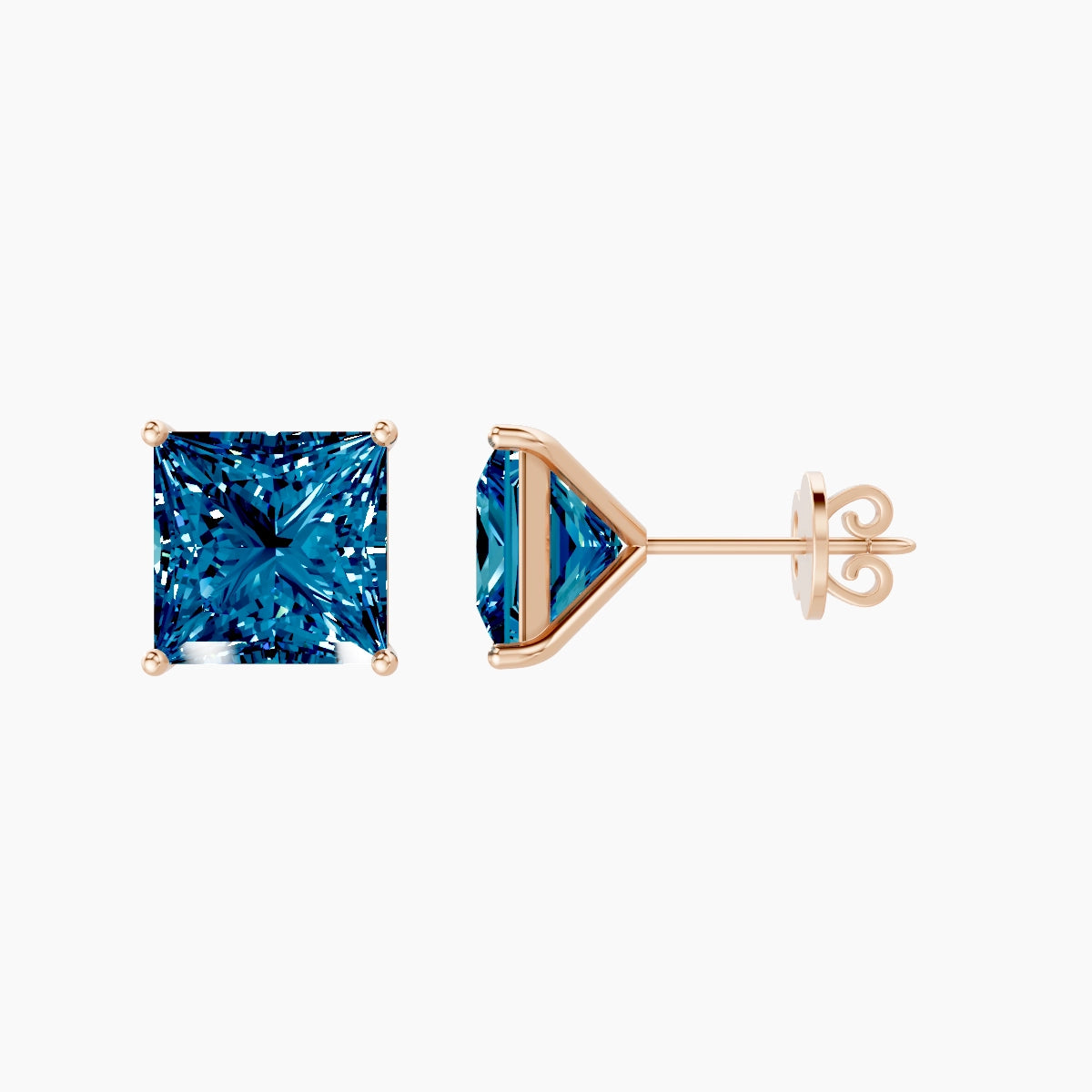 18k Rose Gold 5ct Princess Blue Lab Diamond Stud Earrings
