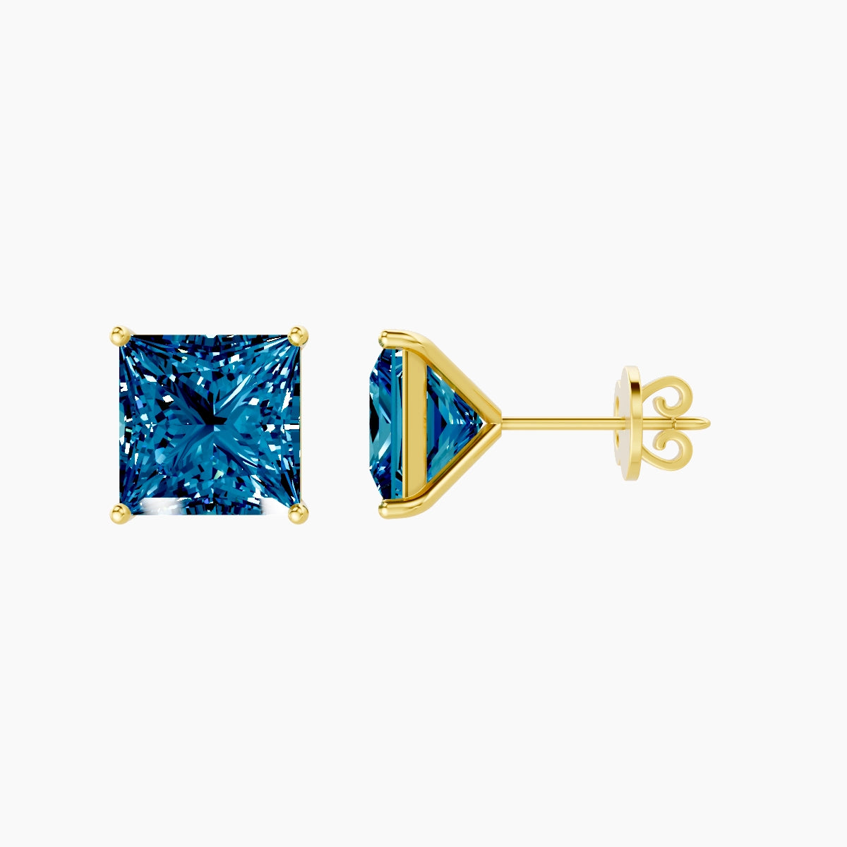 18k Yellow Gold 5ct Princess Blue Lab Diamond Stud Earrings