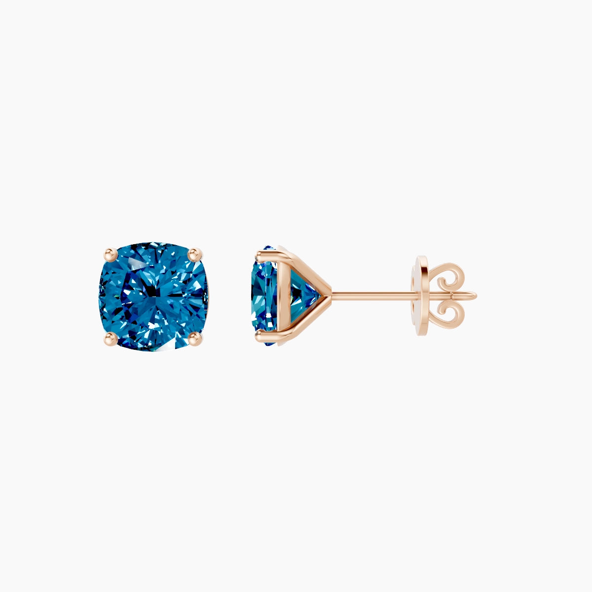 18k Rose Gold 3ct Square Cushion Blue Lab Diamond Stud Earrings