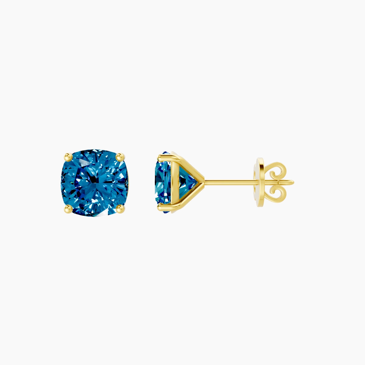 18k Yellow Gold 3ct Square Cushion Blue Lab Diamond Stud Earrings