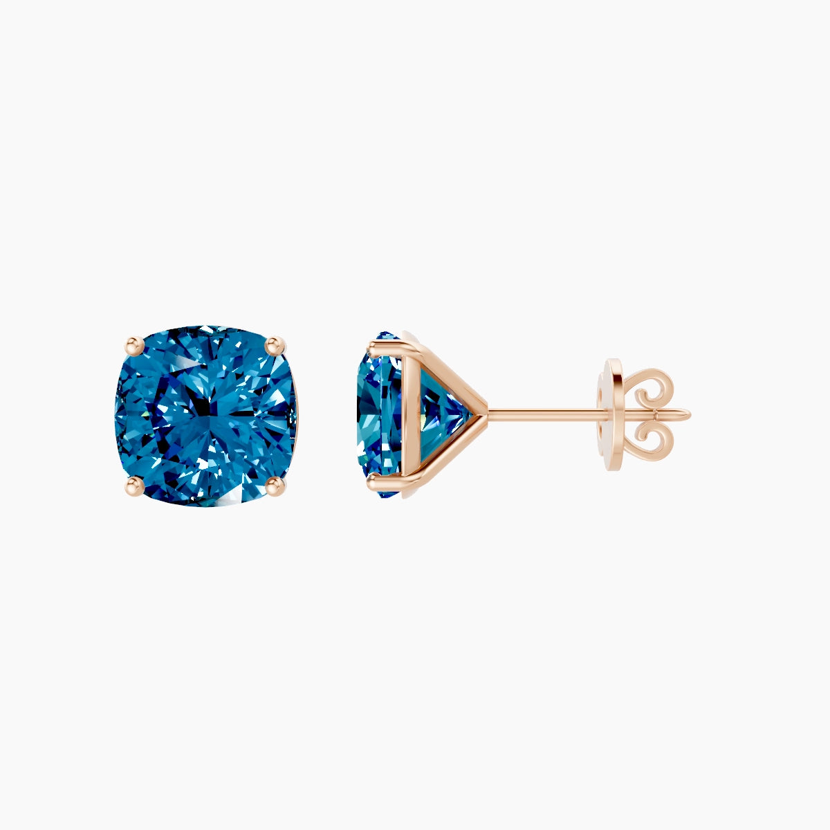 18k Rose Gold 5ct Square Cushion Blue Lab Diamond Stud Earrings