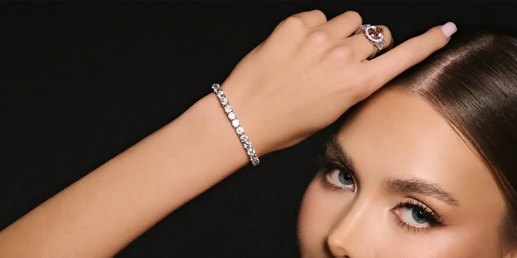Model wearing a lab diamond tennis bracelet for banner