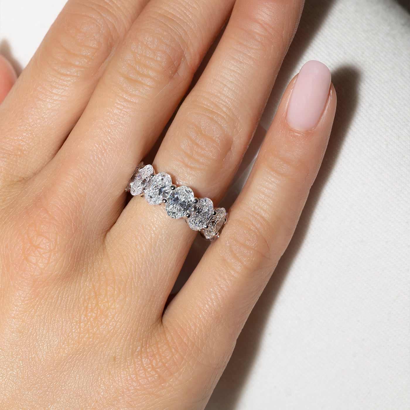 Oval-cut lab diamond eternity band ring worn on a hand against a white background