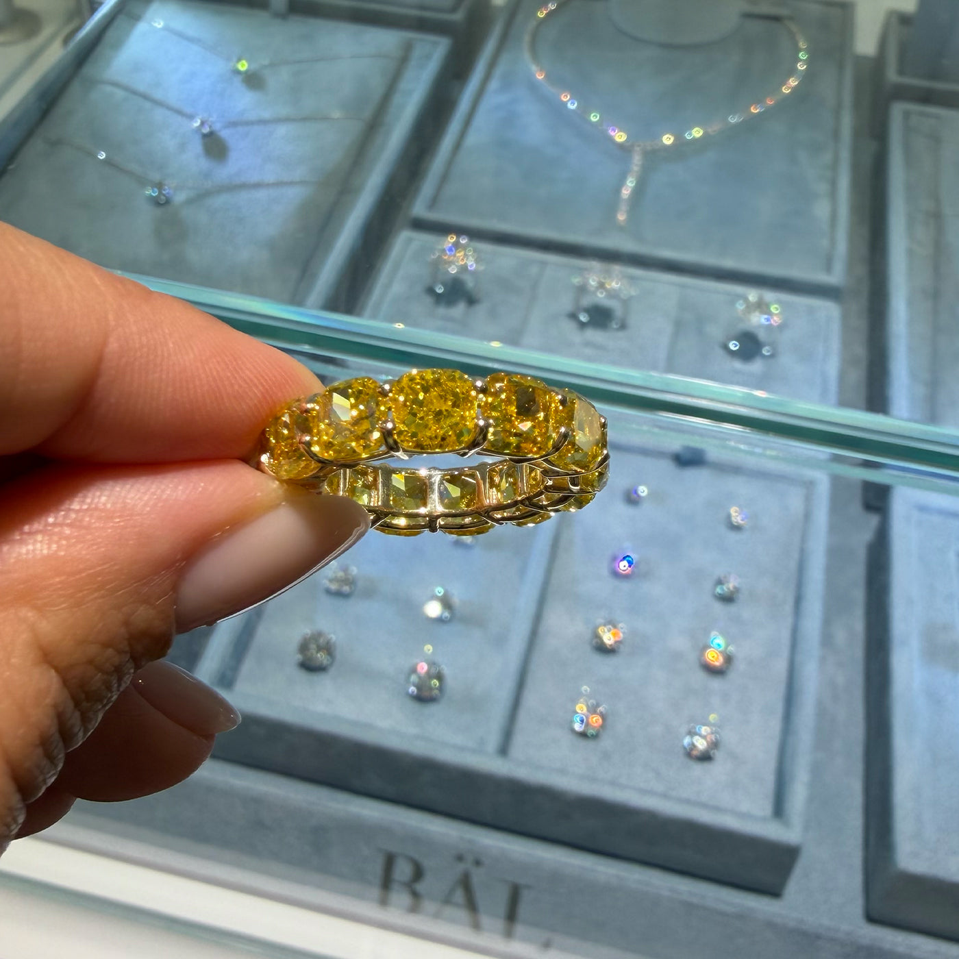 13.77ct Fancy Vivid Yellow Square Cushion Lab Diamonds Eternity Ring