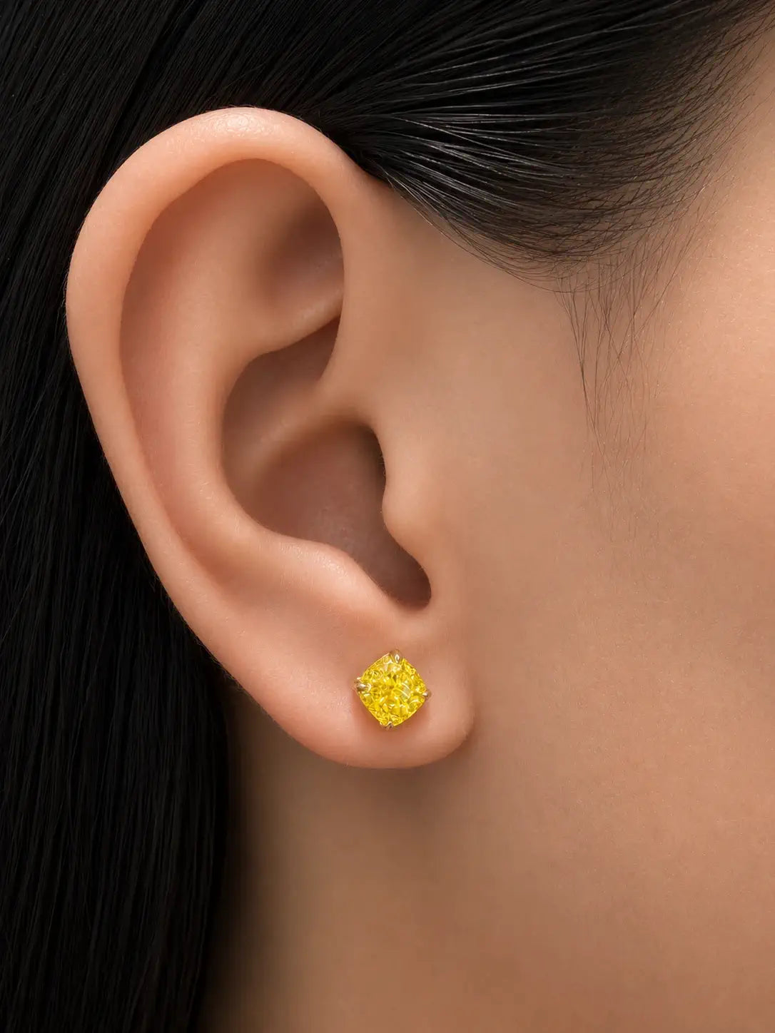 1ct Fancy Vivid Yellow Square Cushion Cut Stud Earrings