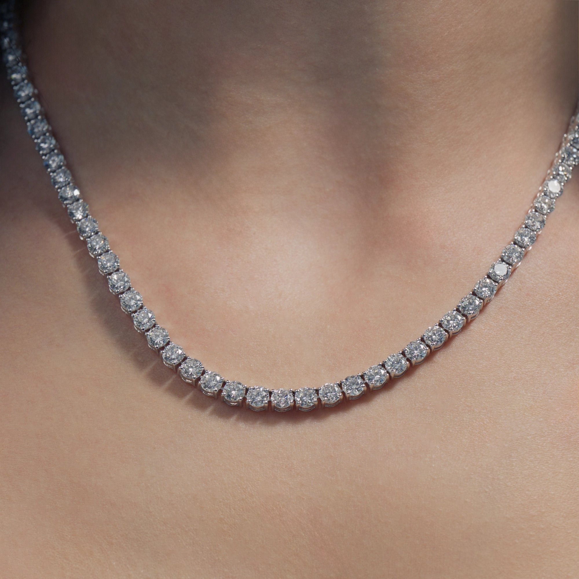 27.6ct Round Lab Diamonds Tennis Necklace on model's neck 