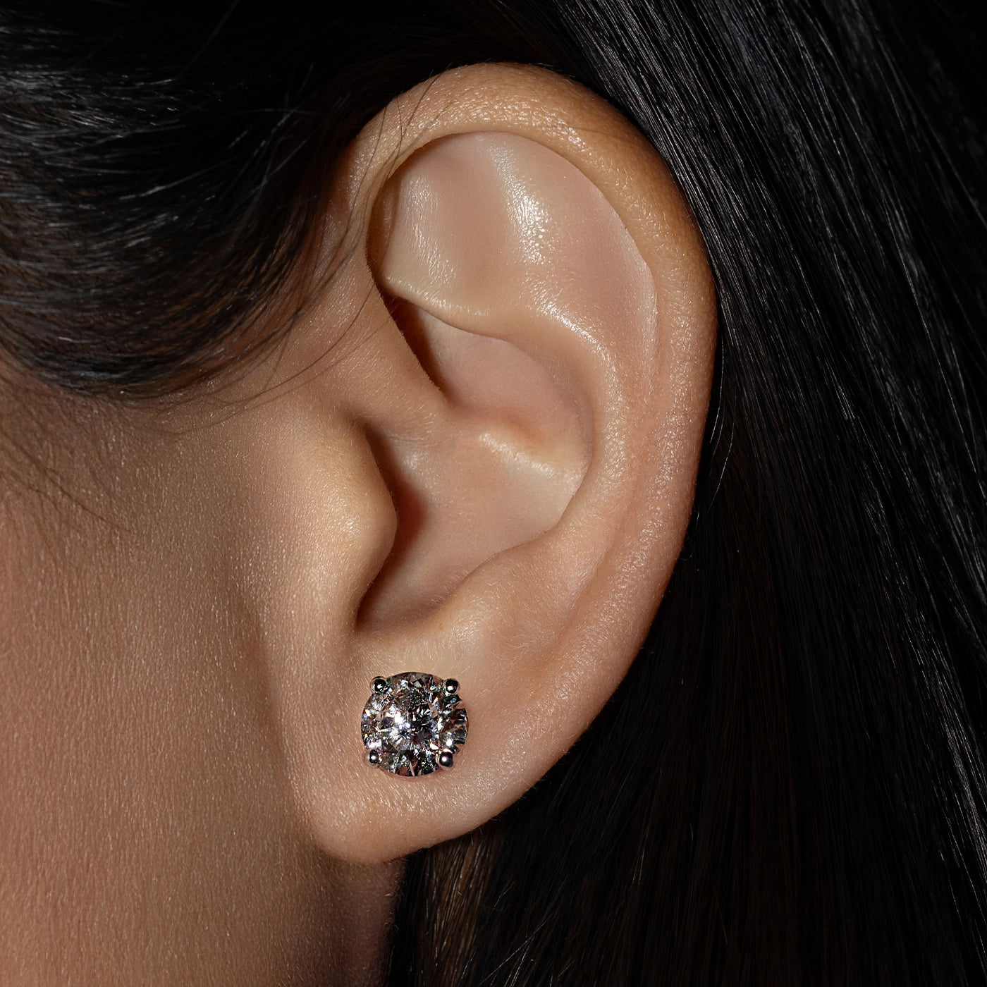 2ct Round Solitaire Earring worn by the model